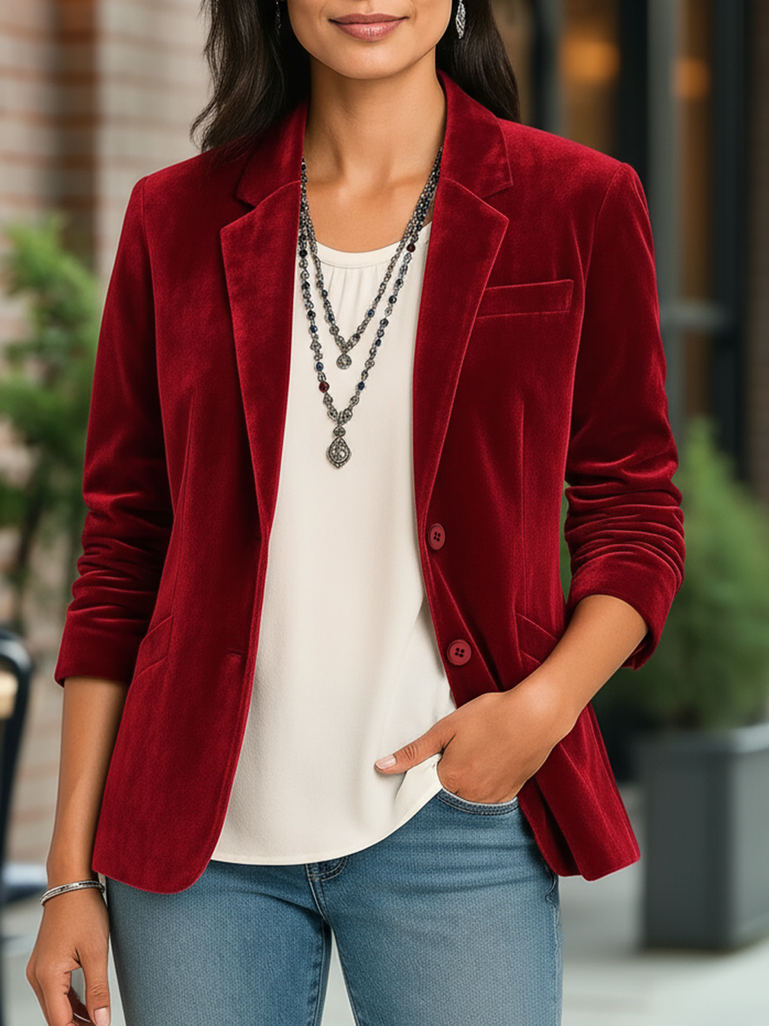 Velvet Solid Color Button Down Long Sleeves Blazer Red/L