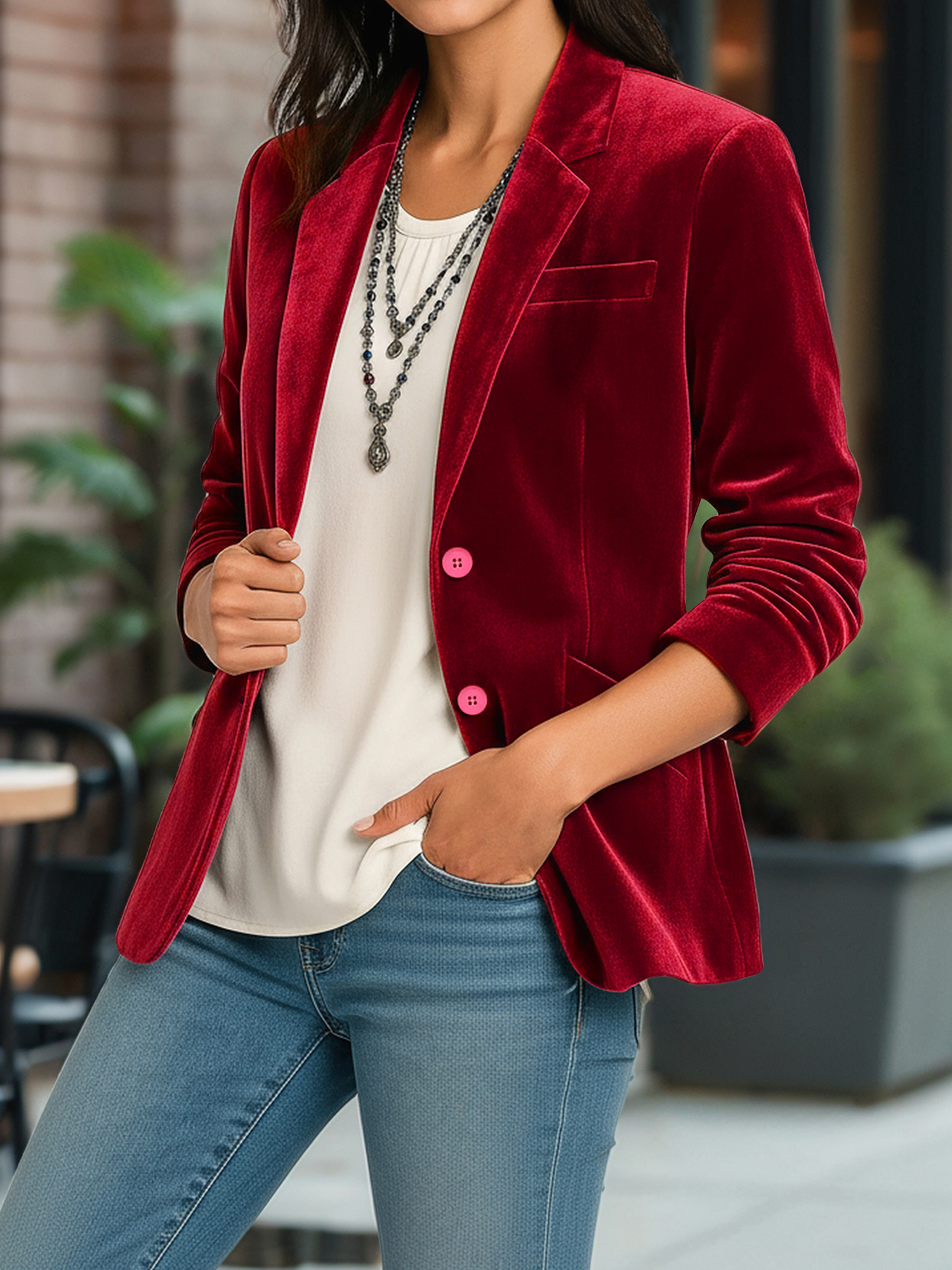 Velvet Solid Color Button Down Long Sleeves Blazer Burgundy/S