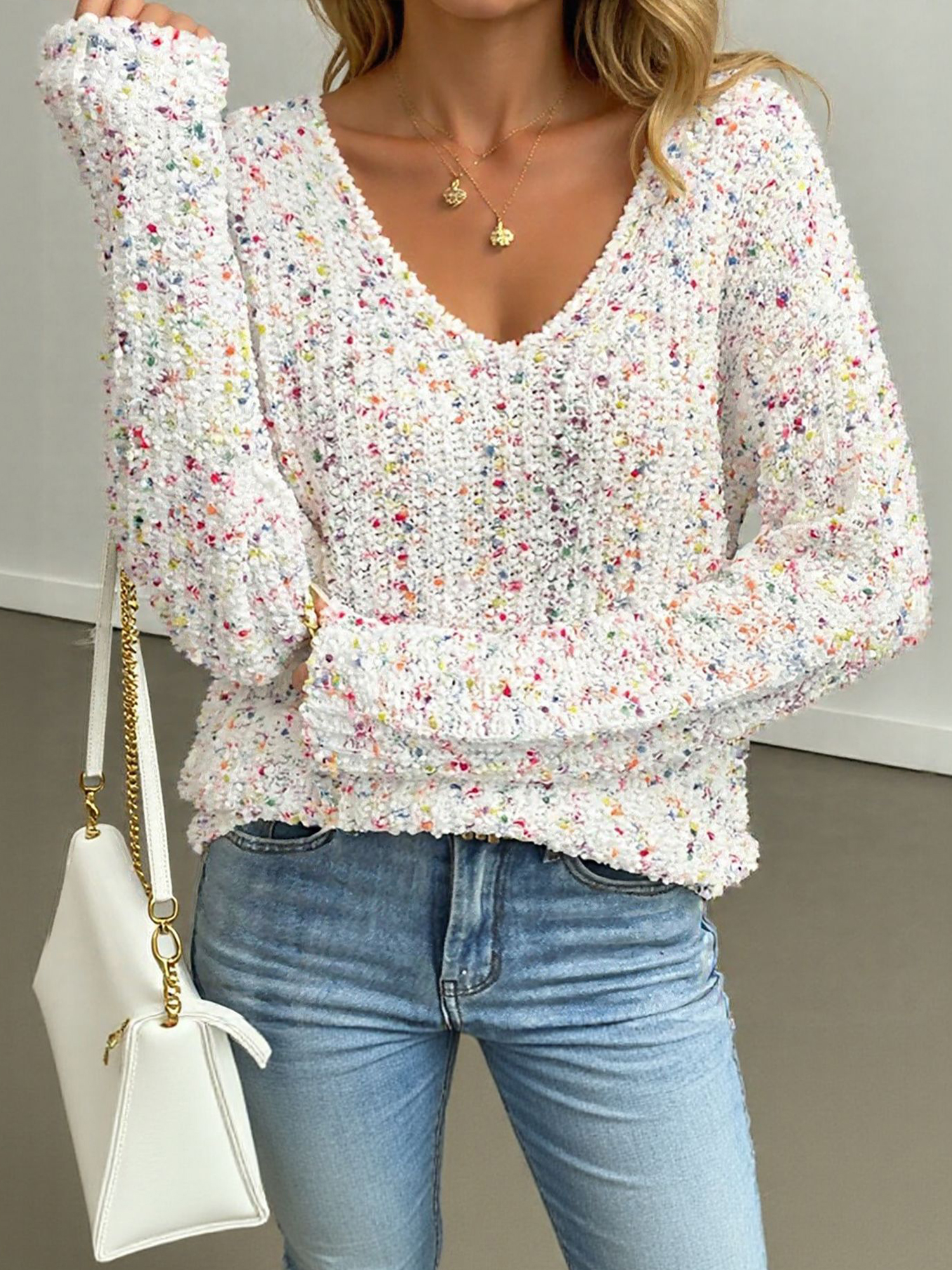 Multicolor V Neck Pullover Long Sleeve Sweater Beige/L