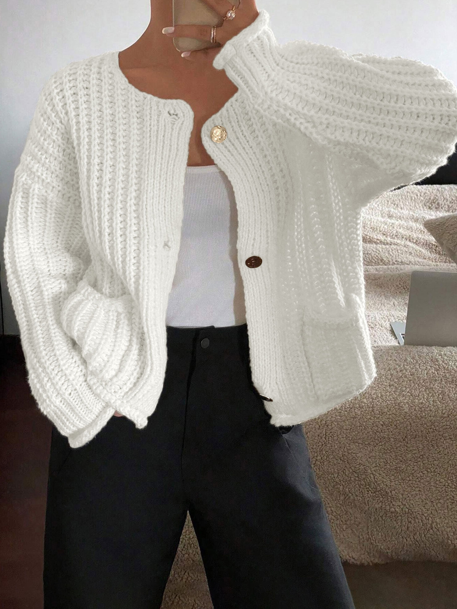 Solid Color Button Front Pockets Casual Knit Cardigan Beige/S