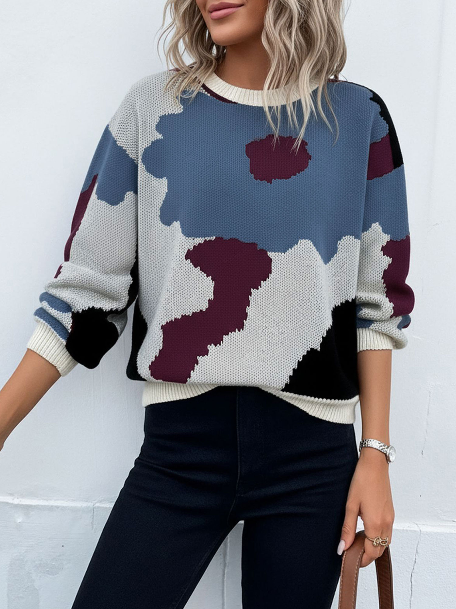Crew Neck Long Sleeve Knit Pullover Sweater Royal Blue/S