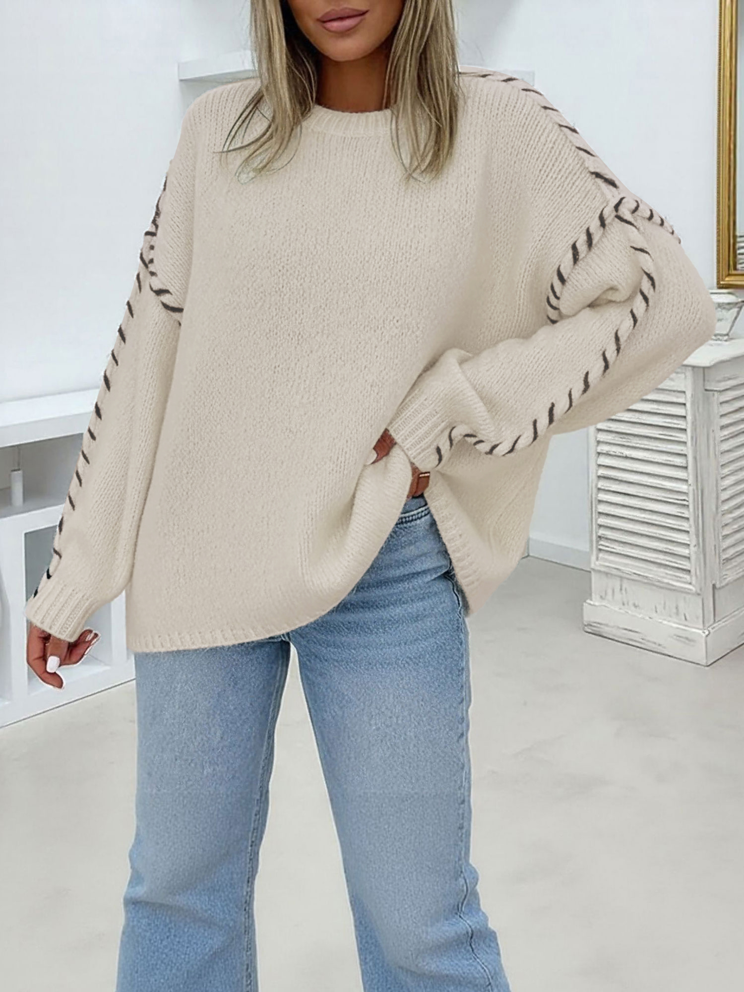Colorblock Pullover Crew Neck Long Sleeve Knit Sweater Apricot/M