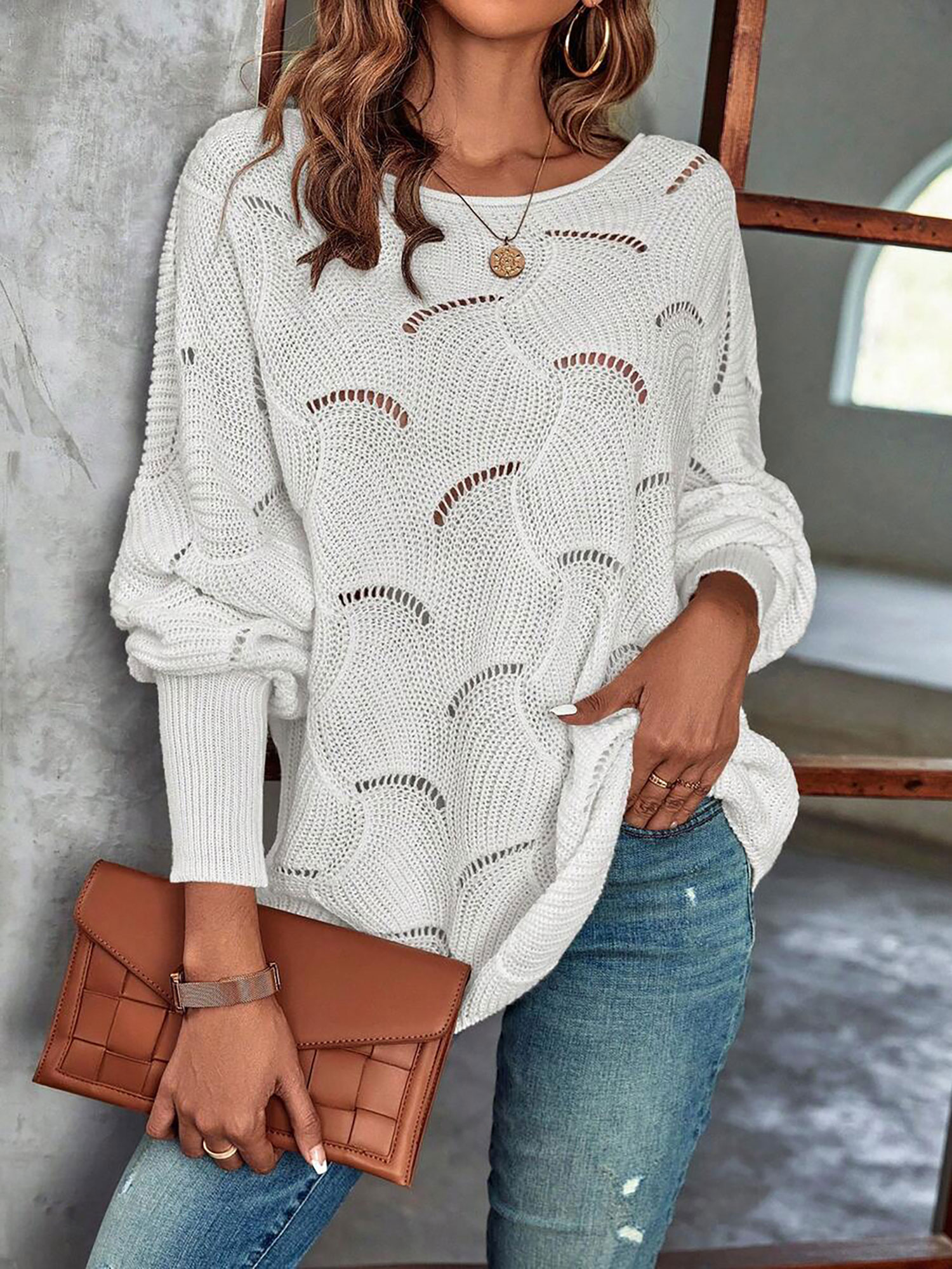 Lightweight Knitted Long Sleeves Oversized Sweater White/L