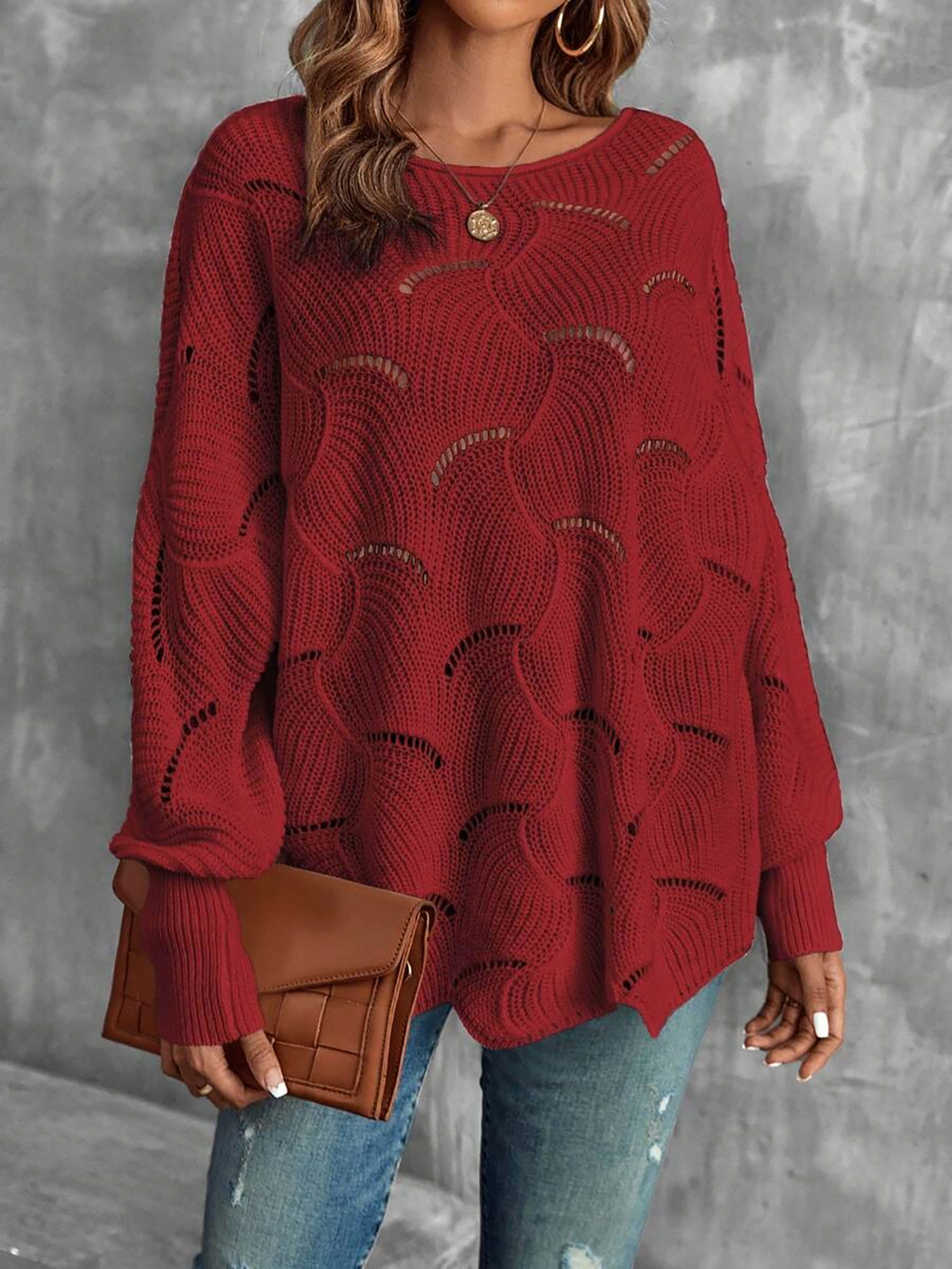 Lightweight Knitted Long Sleeves Oversized Sweater Burgundy/2XL