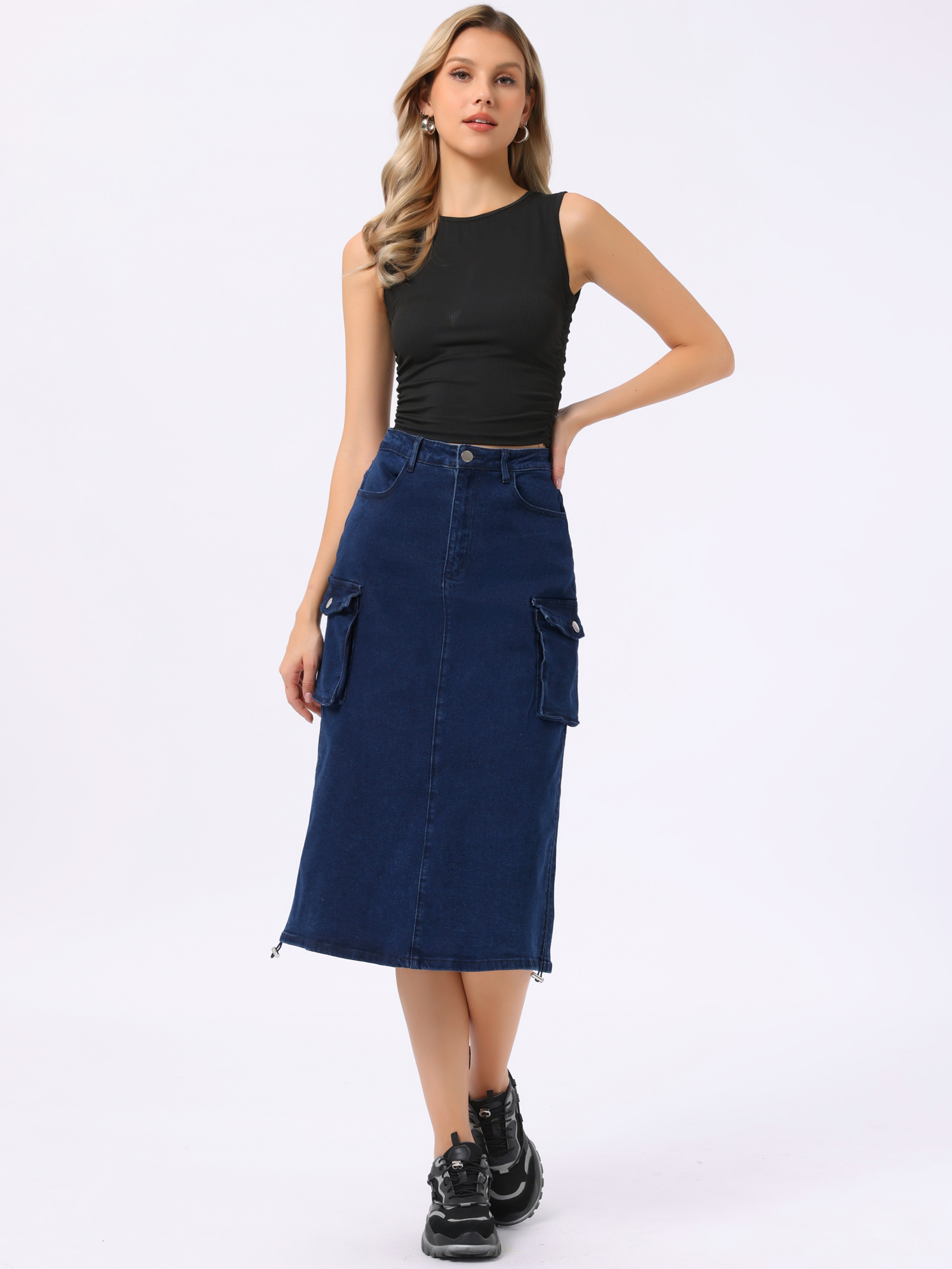 Midi Skirt Flap Pocket Back Slit Drawstring Cargo Skirt Dark Blue/L