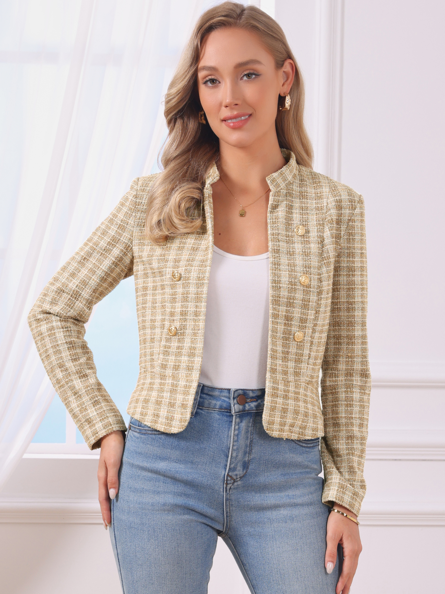 Vintage Tweed Plaid Slim Fit Work Office Cropped Jacket Khaki/XL