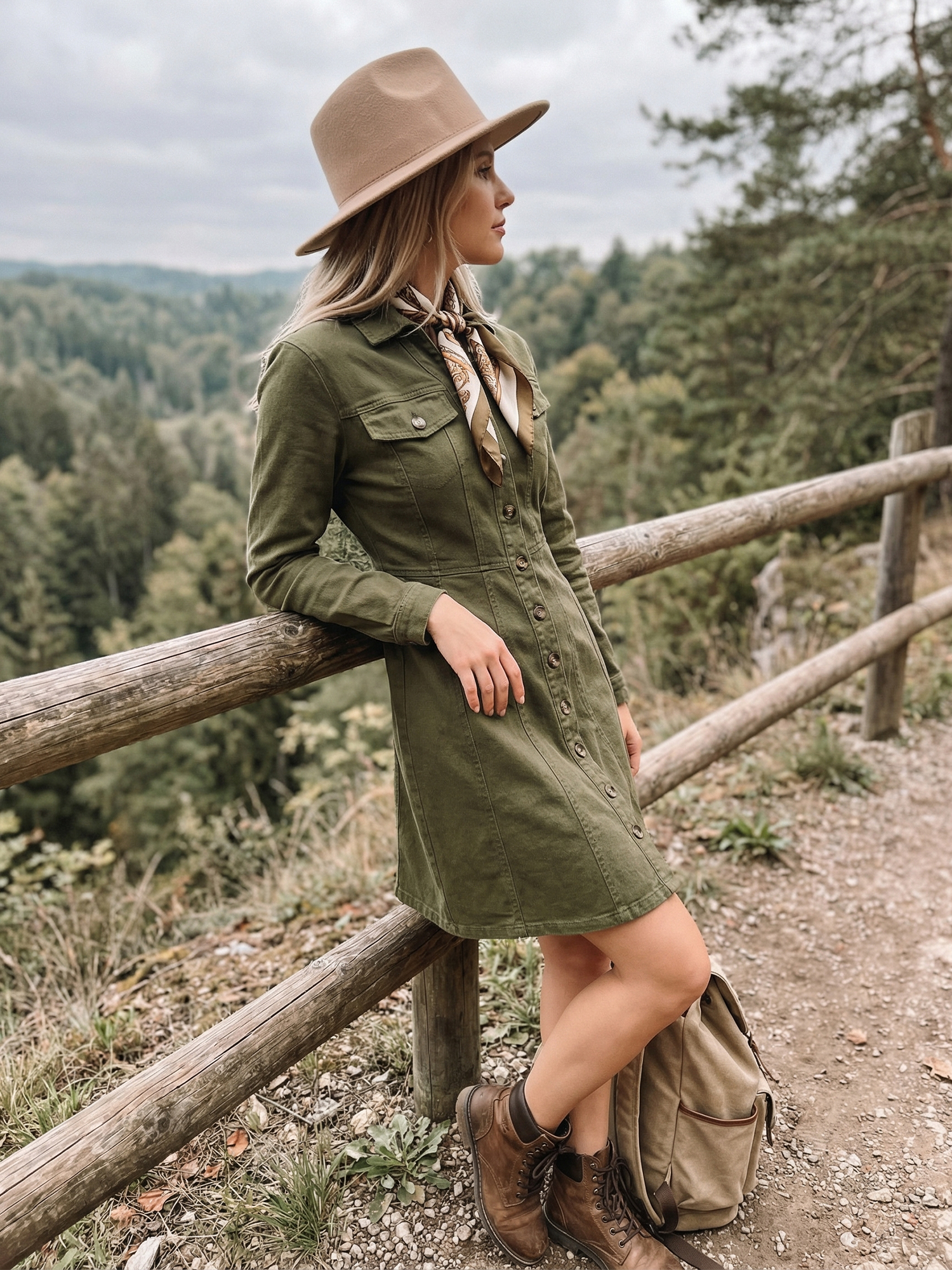 Button Down Collar V Neck Long Sleeve A-line Jean Denim Dress Army Green/M