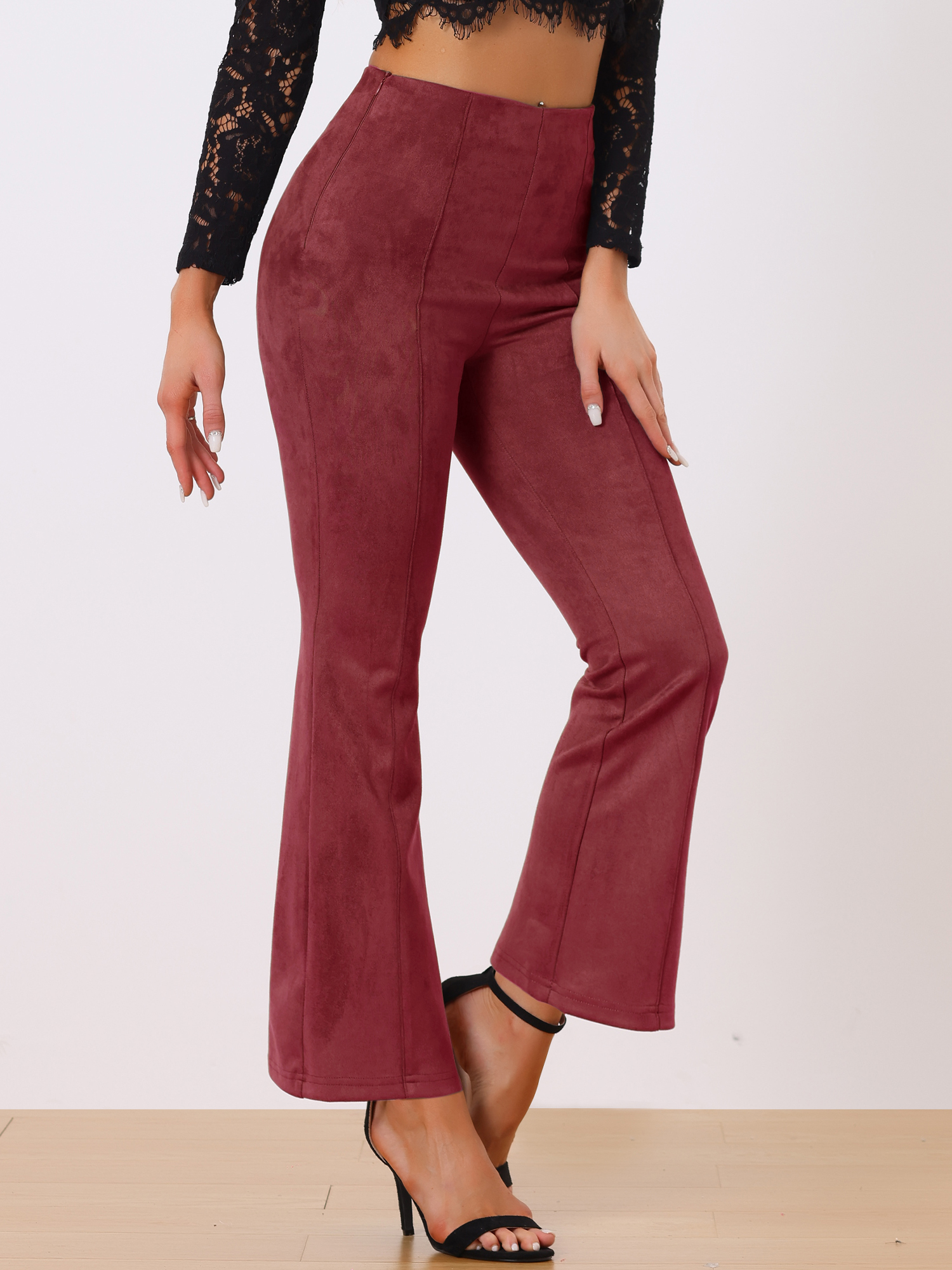 Faux Suede Wide Leg Casual Business Flared Bell Pants Burgundy/L
