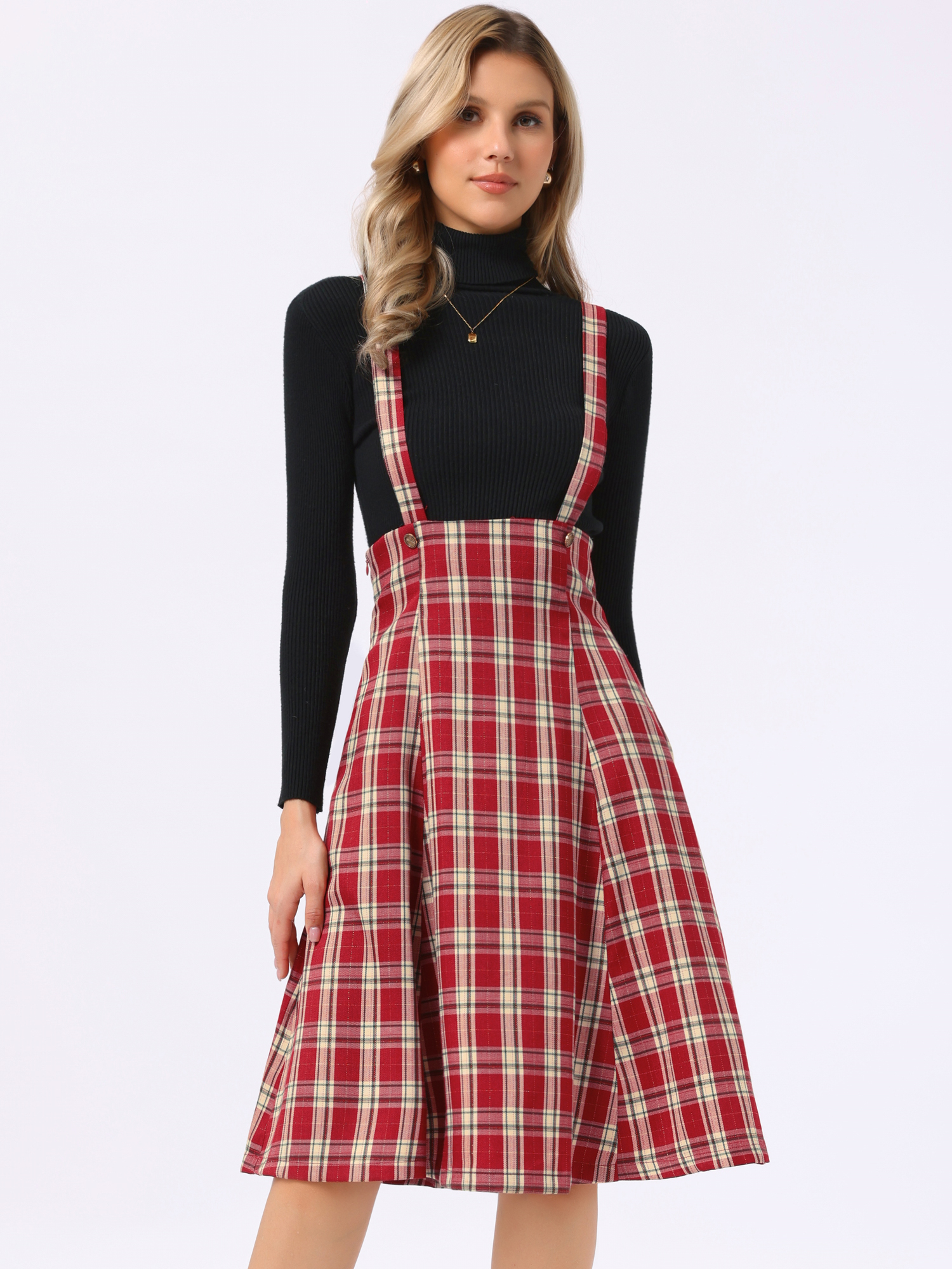 Plaid Overall Tartan Pinafore Suspender Midi Skirt Dark Red/XS