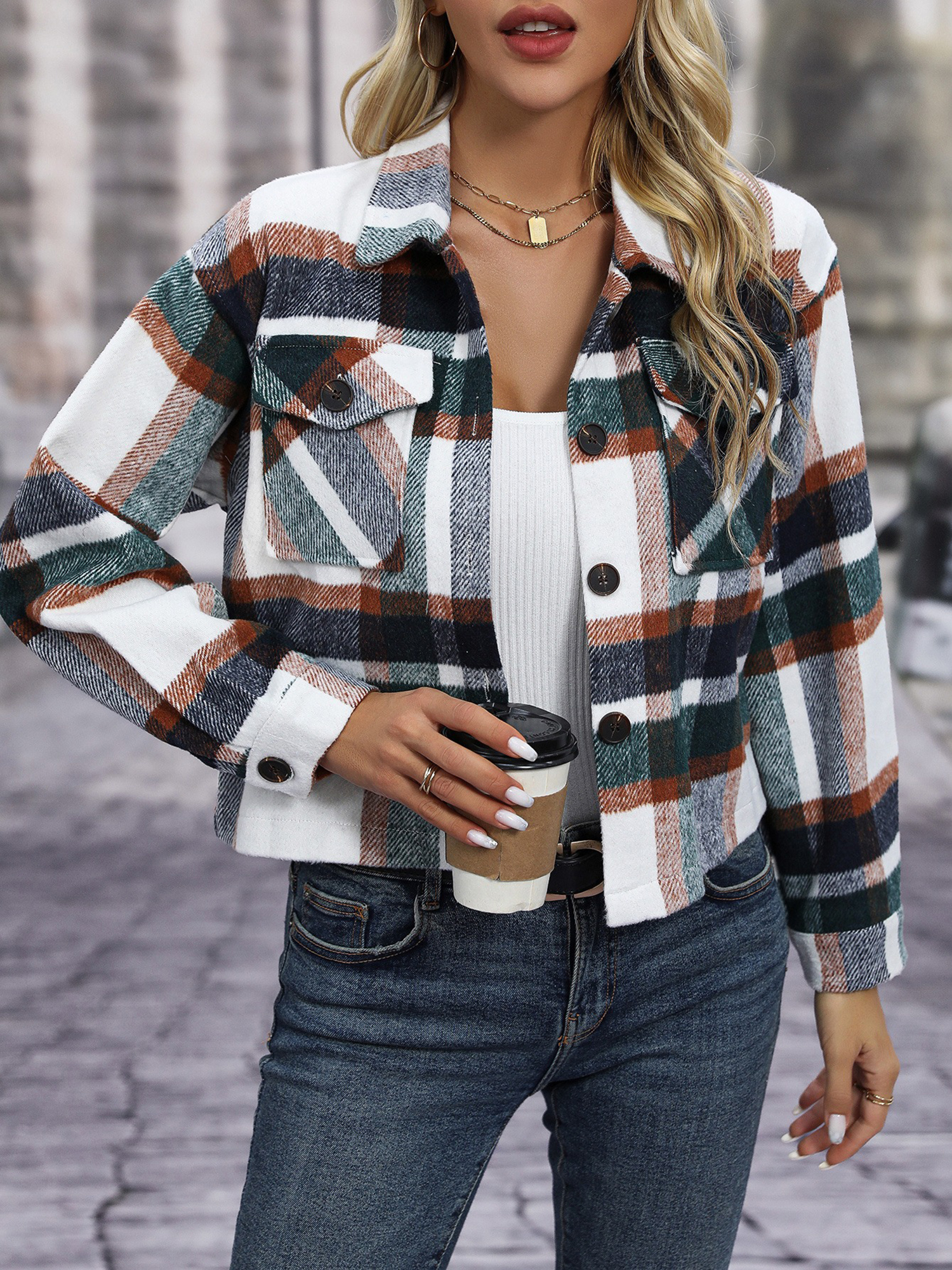 Lapel Long Sleeves Plaid Cropped Jacket Green/M