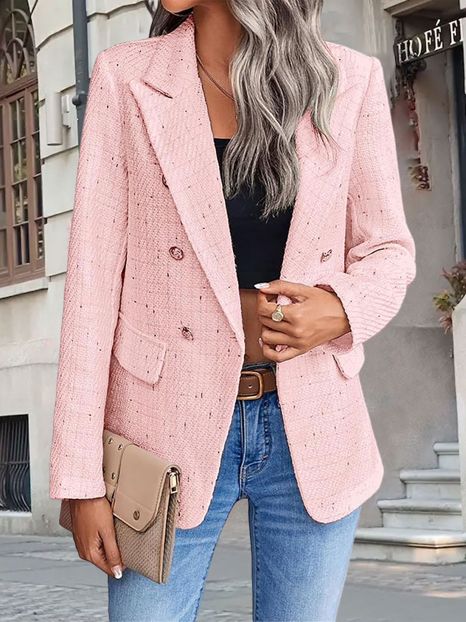 Tweed Notched Lapel Long Sleeves Plaid Blazer Pink/2XL