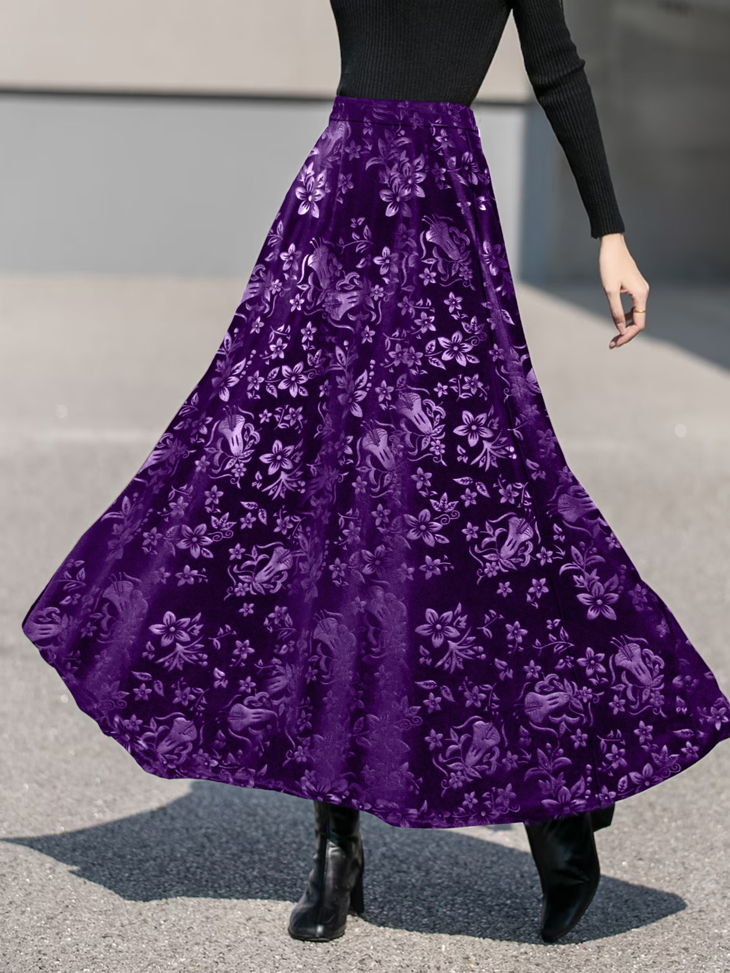 Velvet Floral Textured Elastic Waist Maxi A-Line Skirt Purple/L