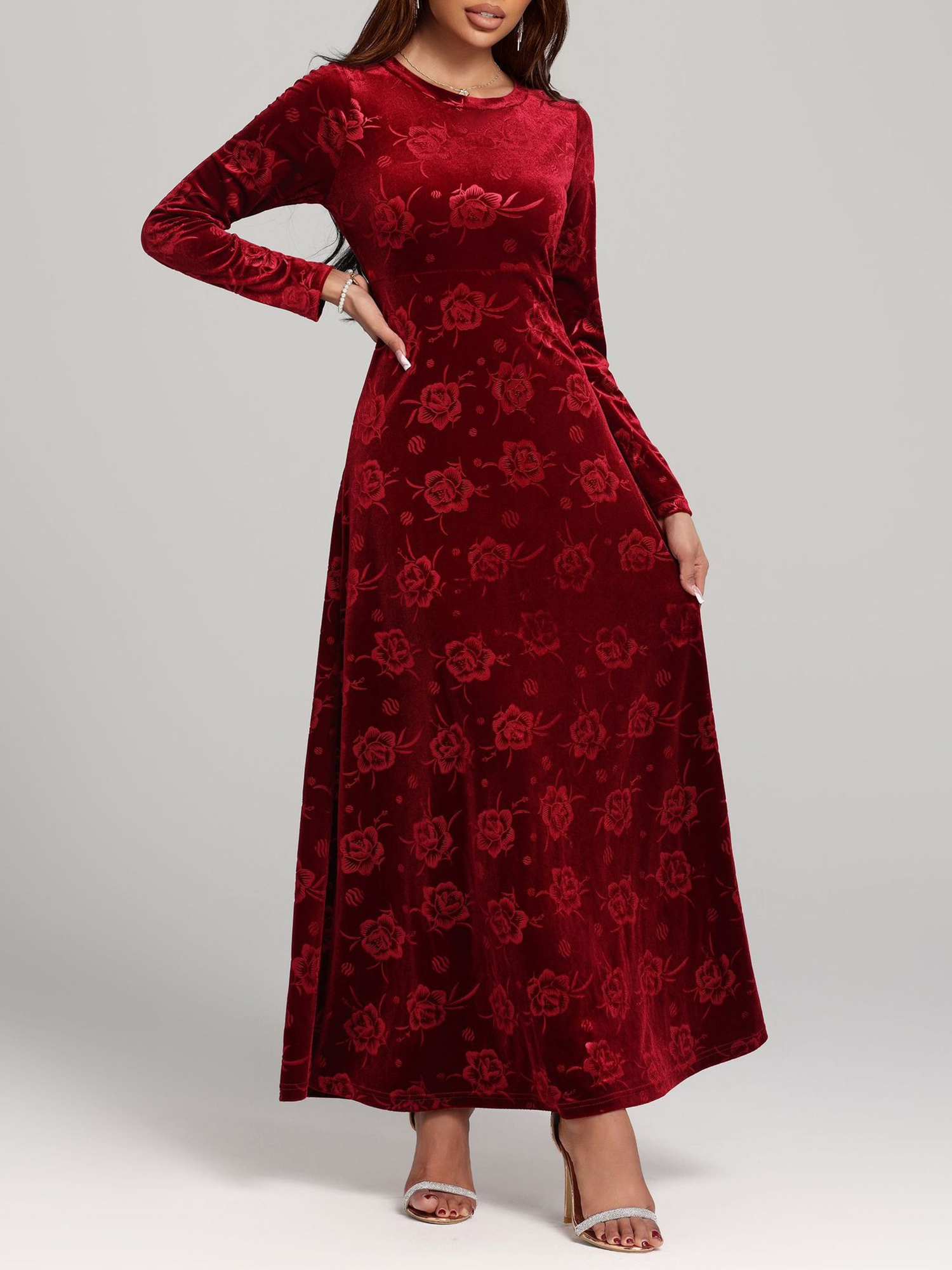 Velvet Floral Textured Round Neck Long Sleeves Maxi Dress Burgundy/L