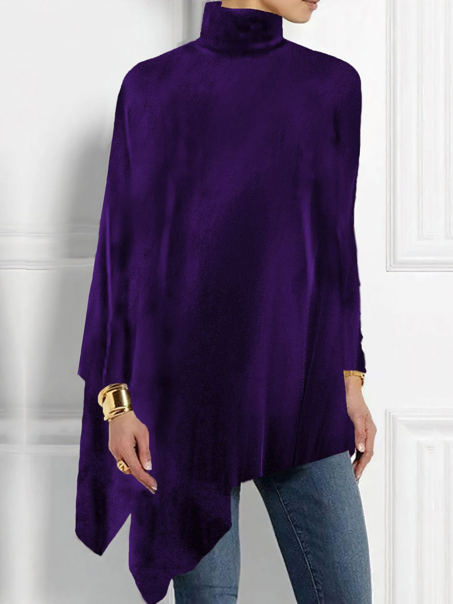 Turtleneck Velvet Long Sleeves Irregular Hem Blouse Purple/XS