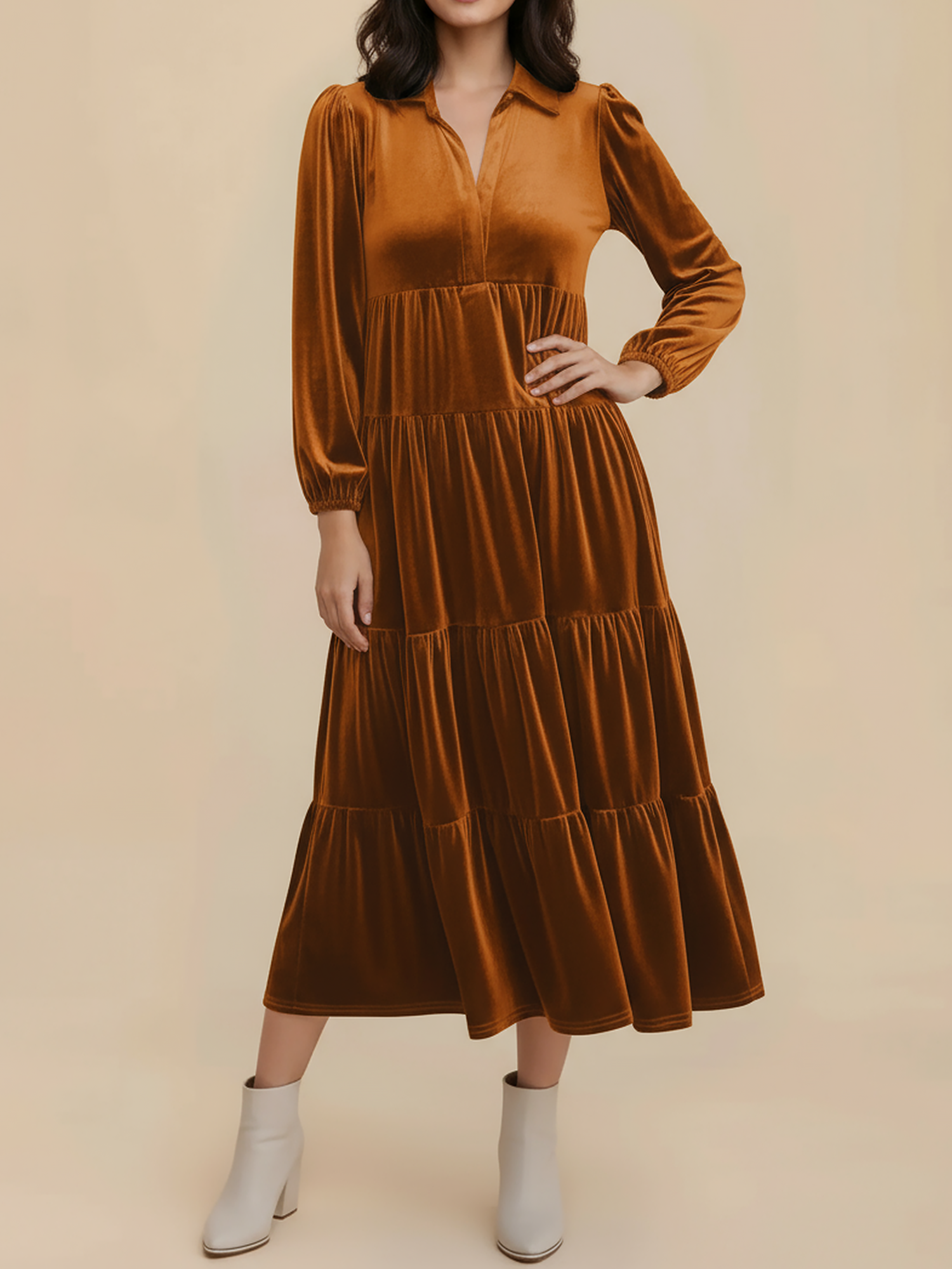 Solid Color Long Sleeve Velvet Tiered Midi Dress Yellow/L
