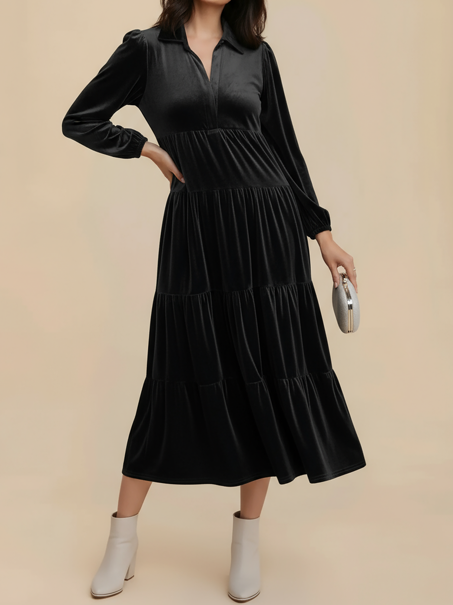 Solid Color Long Sleeve Velvet Tiered Midi Dress Black/M