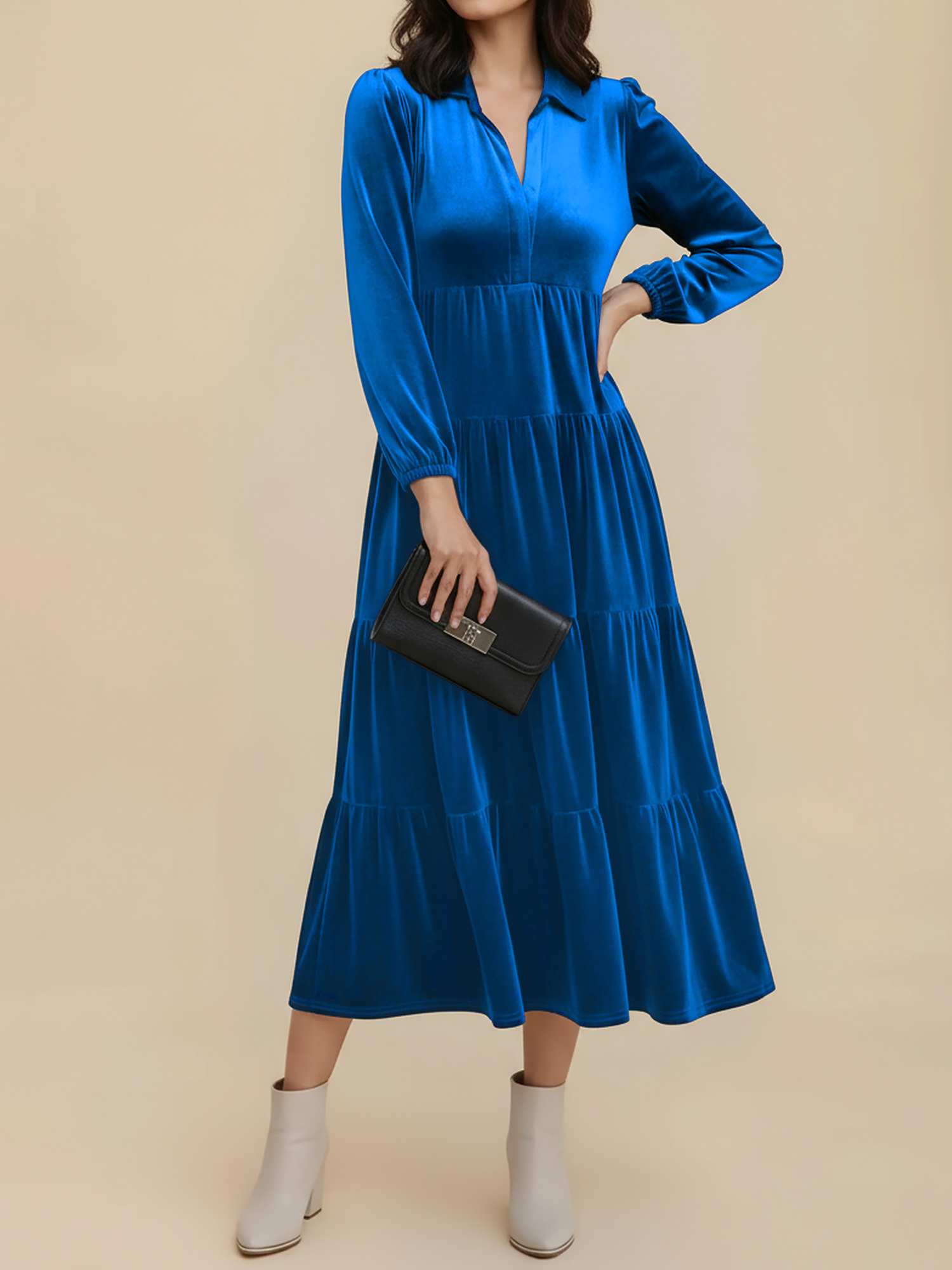 Solid Color Long Sleeve Velvet Tiered Midi Dress Dark Blue/XS