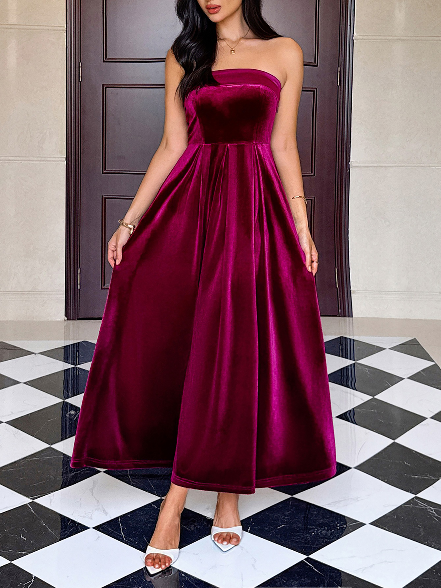 Strapless Velvet Backless Evening Gown Maxi Dress Burgundy/M