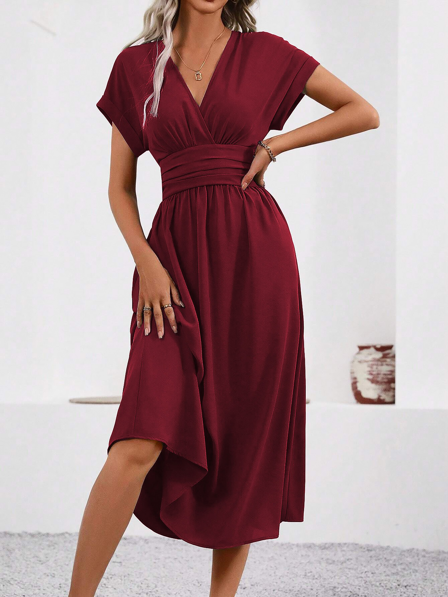 V Neck Short Sleeves Ruched Smocked A-Line Midi Dress Burgundy/S