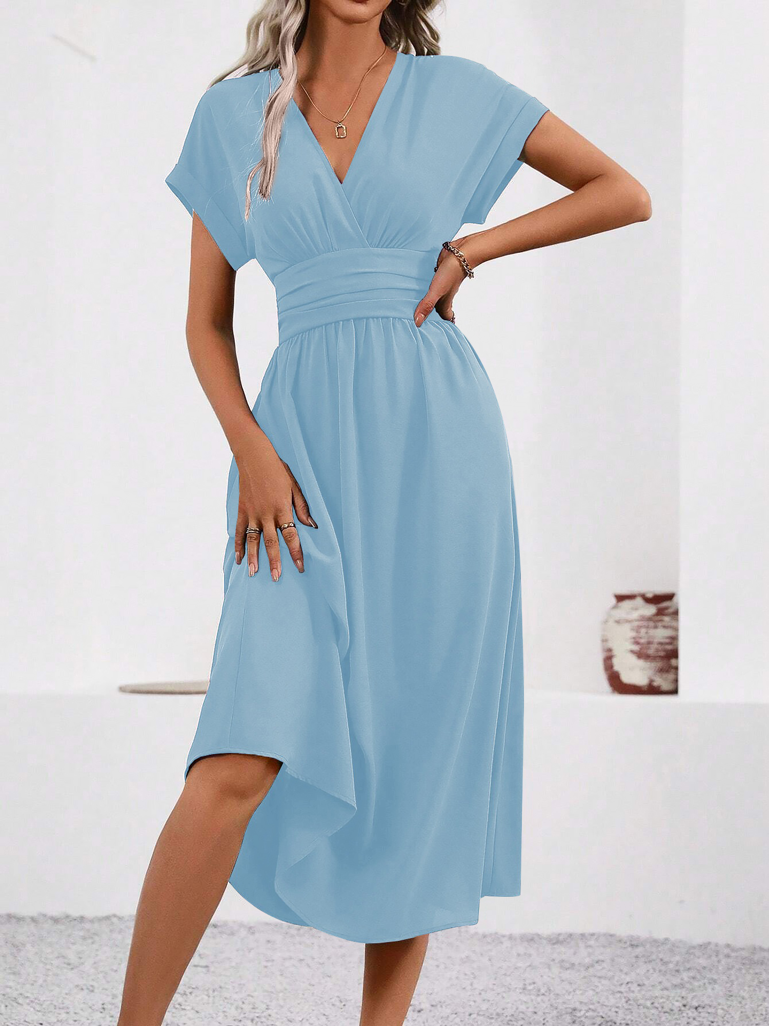V Neck Short Sleeves Ruched Smocked A-Line Midi Dress Blue/M