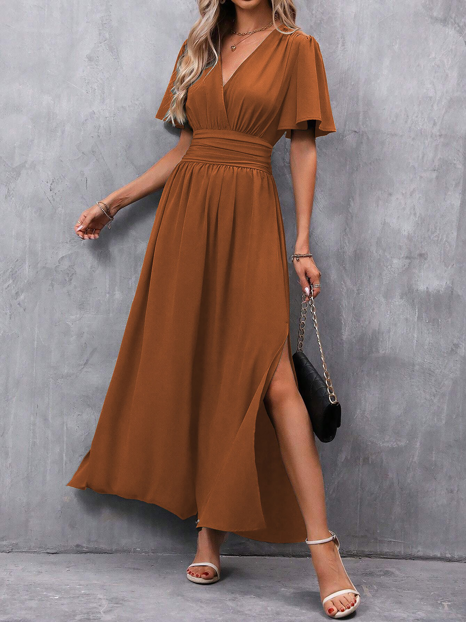 V Neck Flare Sleeves Smocked Slit Maxi Dress Caramel/XS