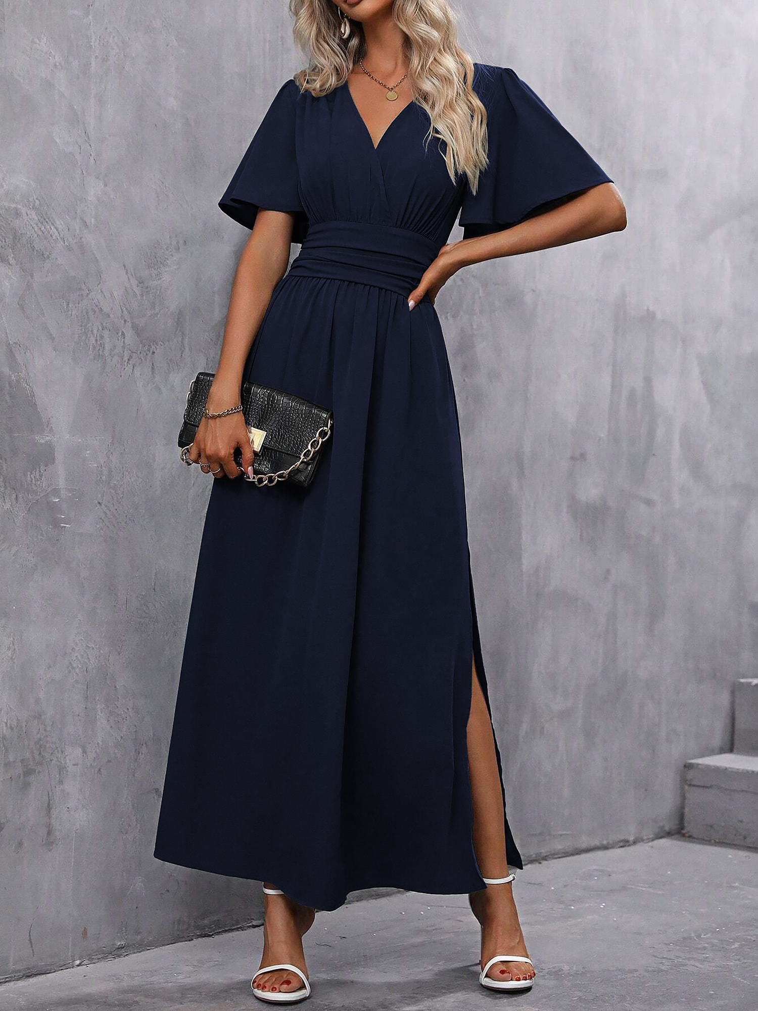 V Neck Flare Sleeves Smocked Slit Maxi Dress Navy Blue/L
