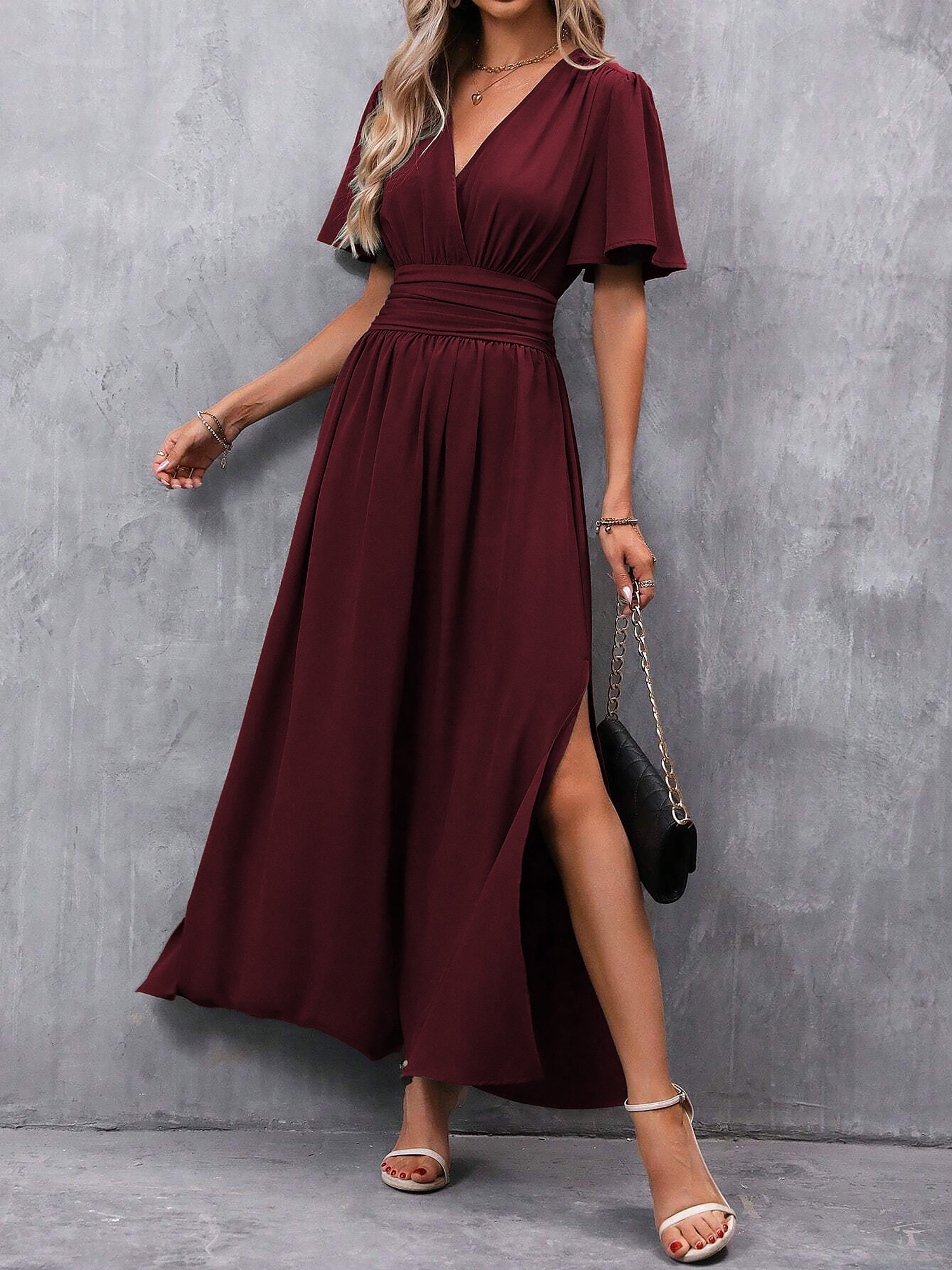 V Neck Flare Sleeves Smocked Slit Maxi Dress Burgundy/XS