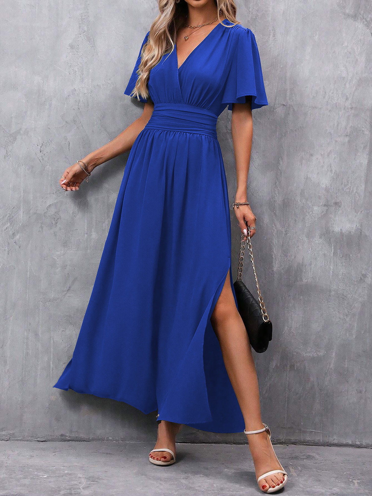 V Neck Flare Sleeves Smocked Slit Maxi Dress Blue/L