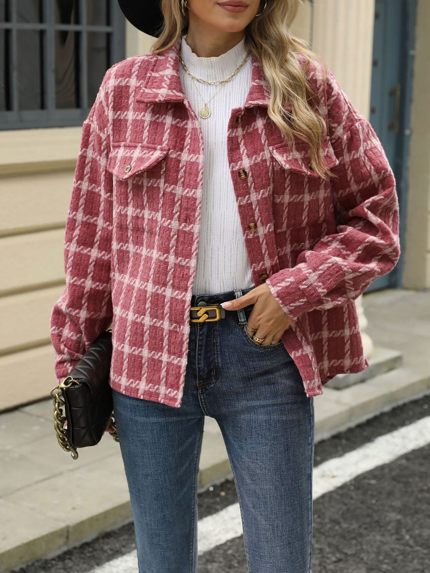Lapel Plaid Long Sleeves Loose Fit Jacket Red/S