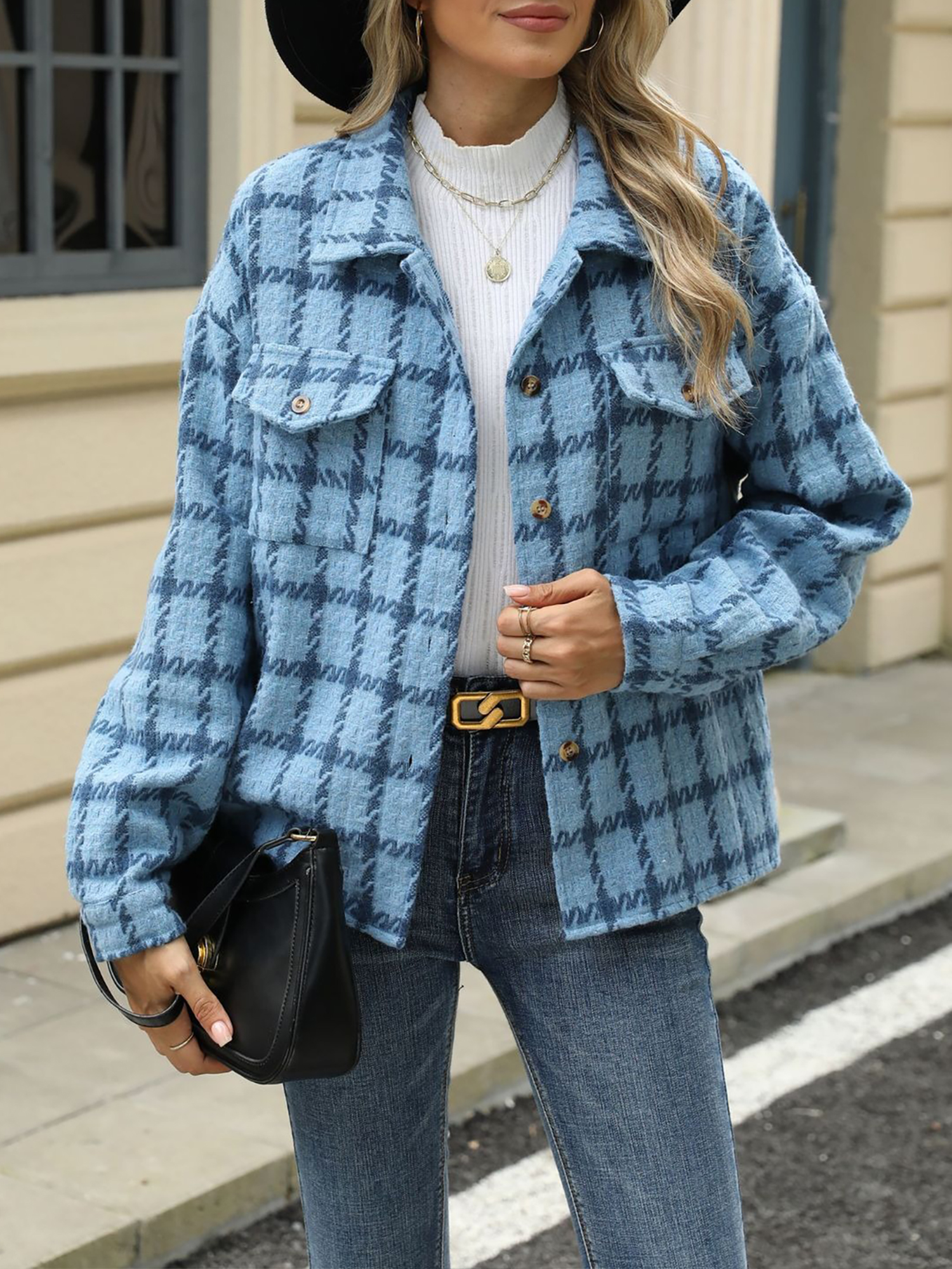 Lapel Plaid Long Sleeves Loose Fit Jacket Blue/S