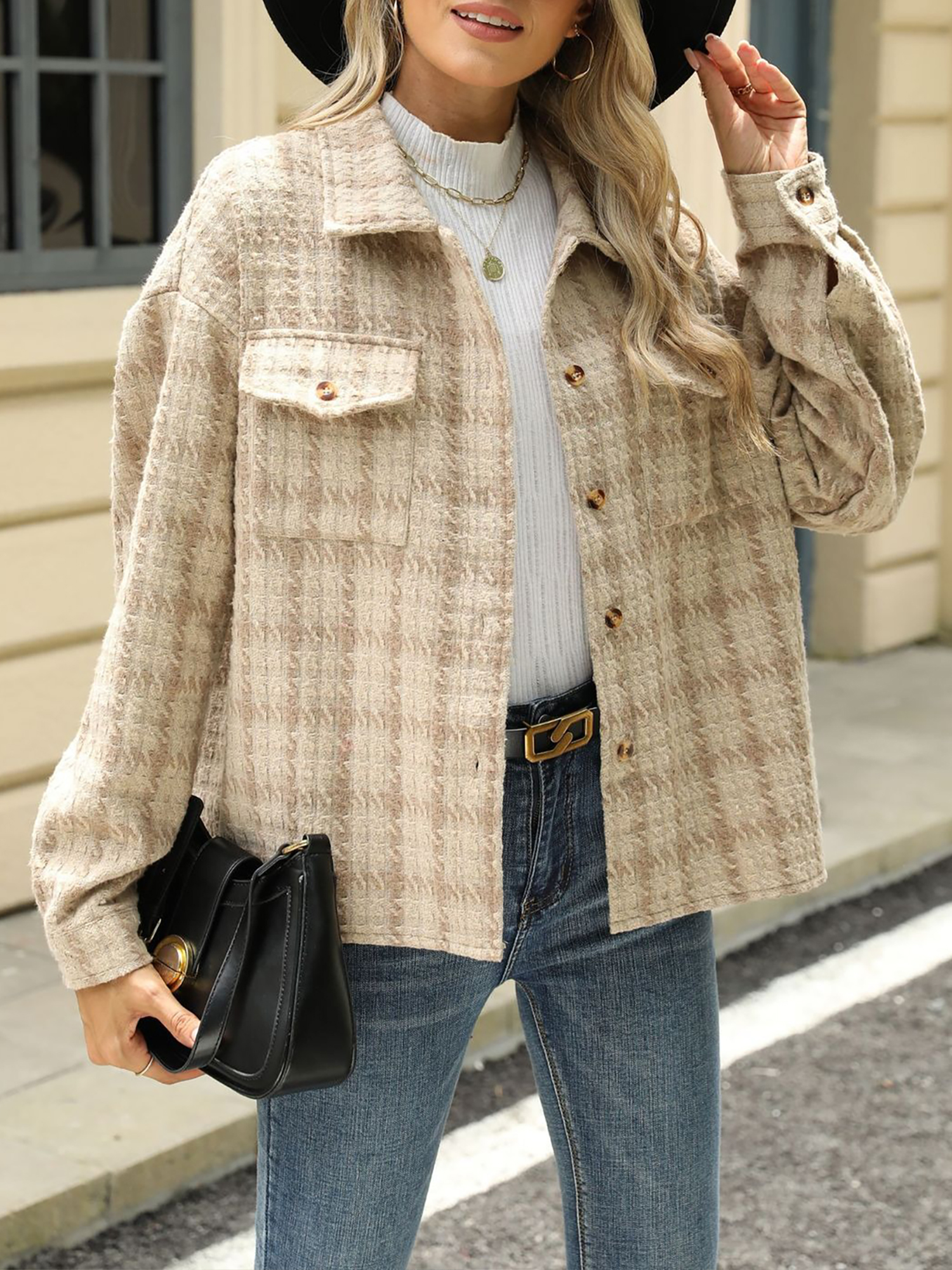 Lapel Plaid Long Sleeves Loose Fit Jacket Khaki/XL