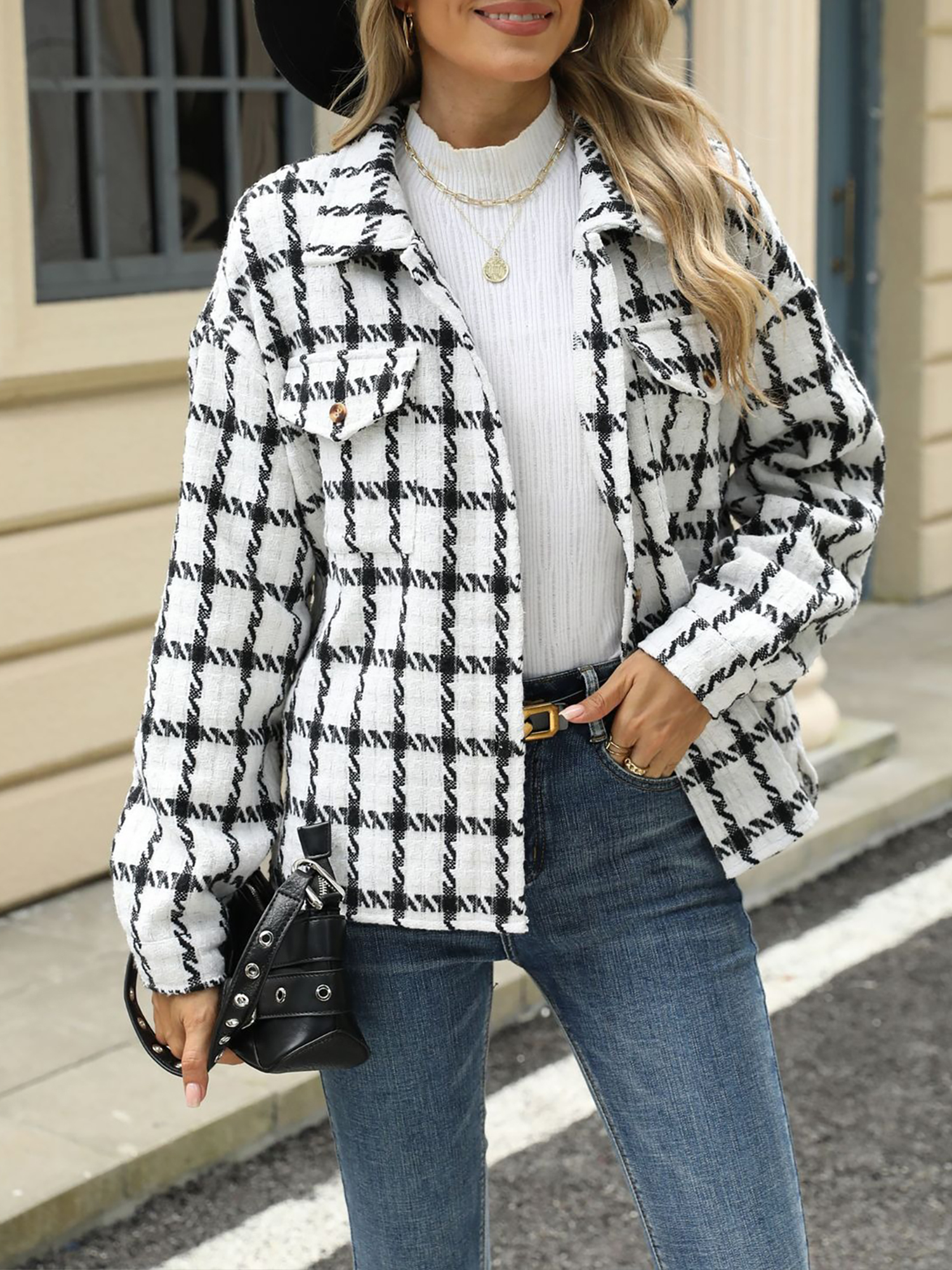 Lapel Plaid Long Sleeves Loose Fit Jacket White/M