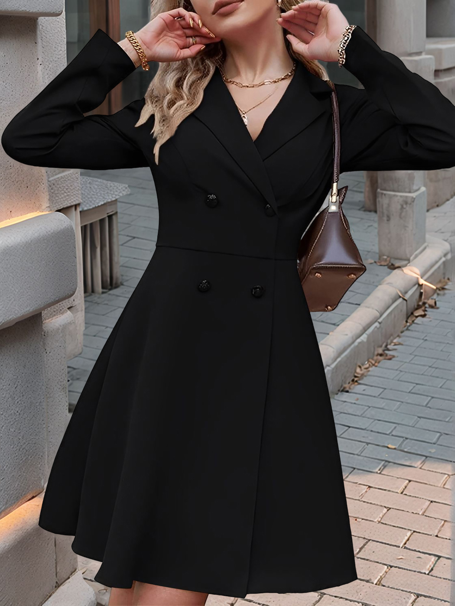 Notched Lapel Double-Breasted A-Line Suit Dress Black/S
