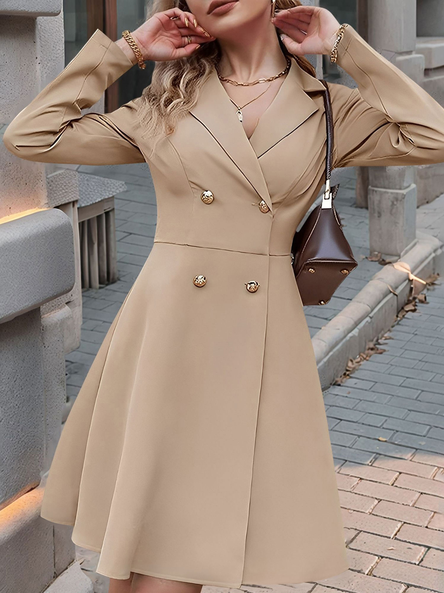 Notched Lapel Double-Breasted A-Line Suit Dress Camel/S