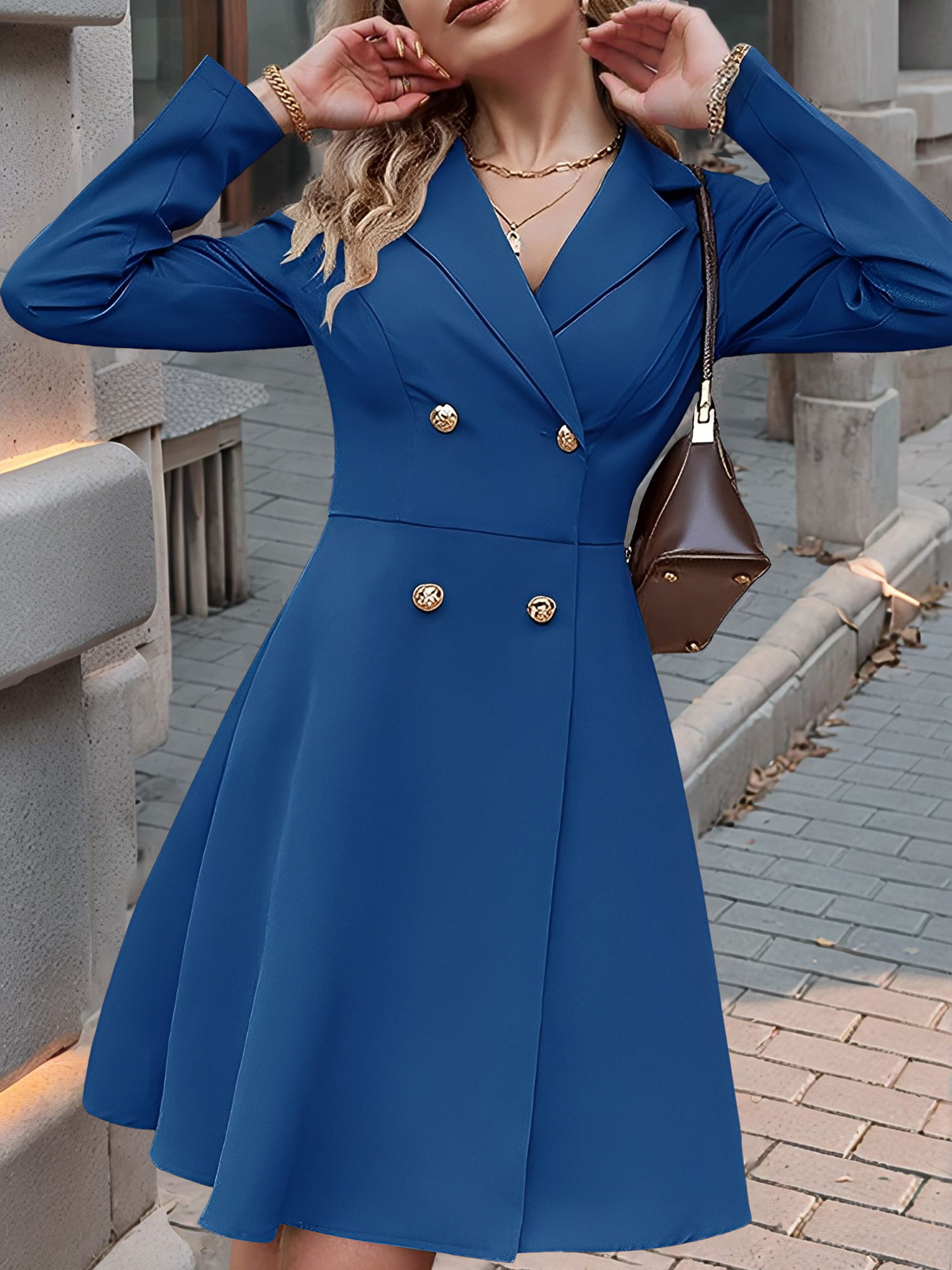 Notched Lapel Double-Breasted A-Line Suit Dress Blue/L