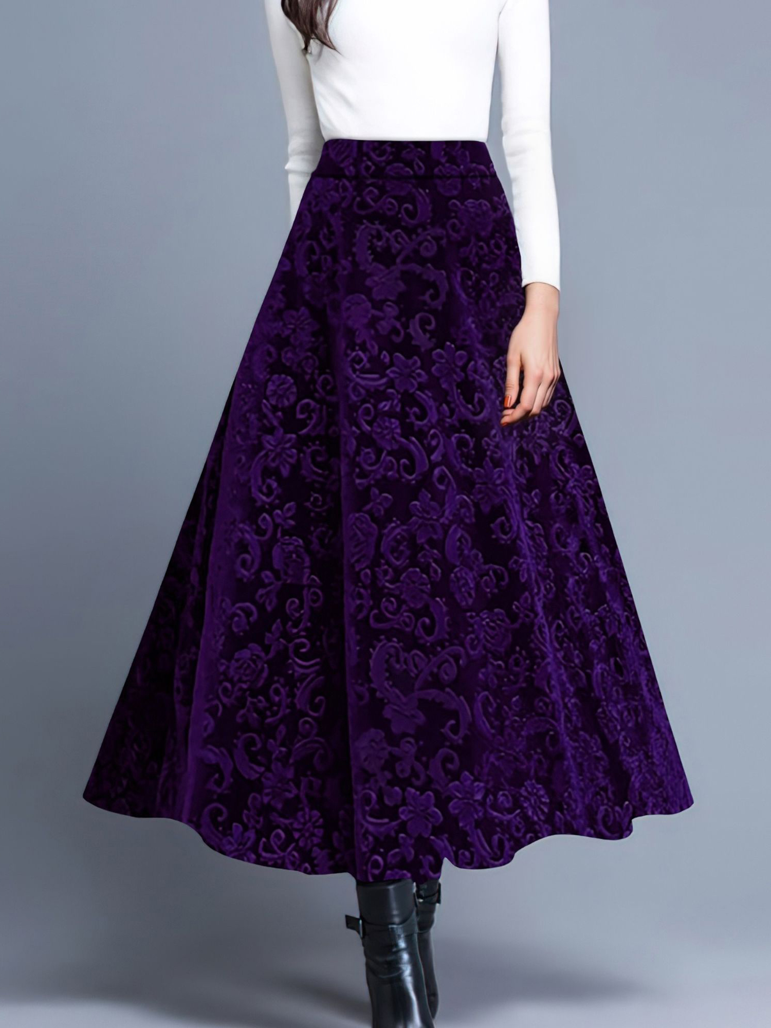 Velvet Textured Maxi A-Line Elastic Waist Skirt Purple/M