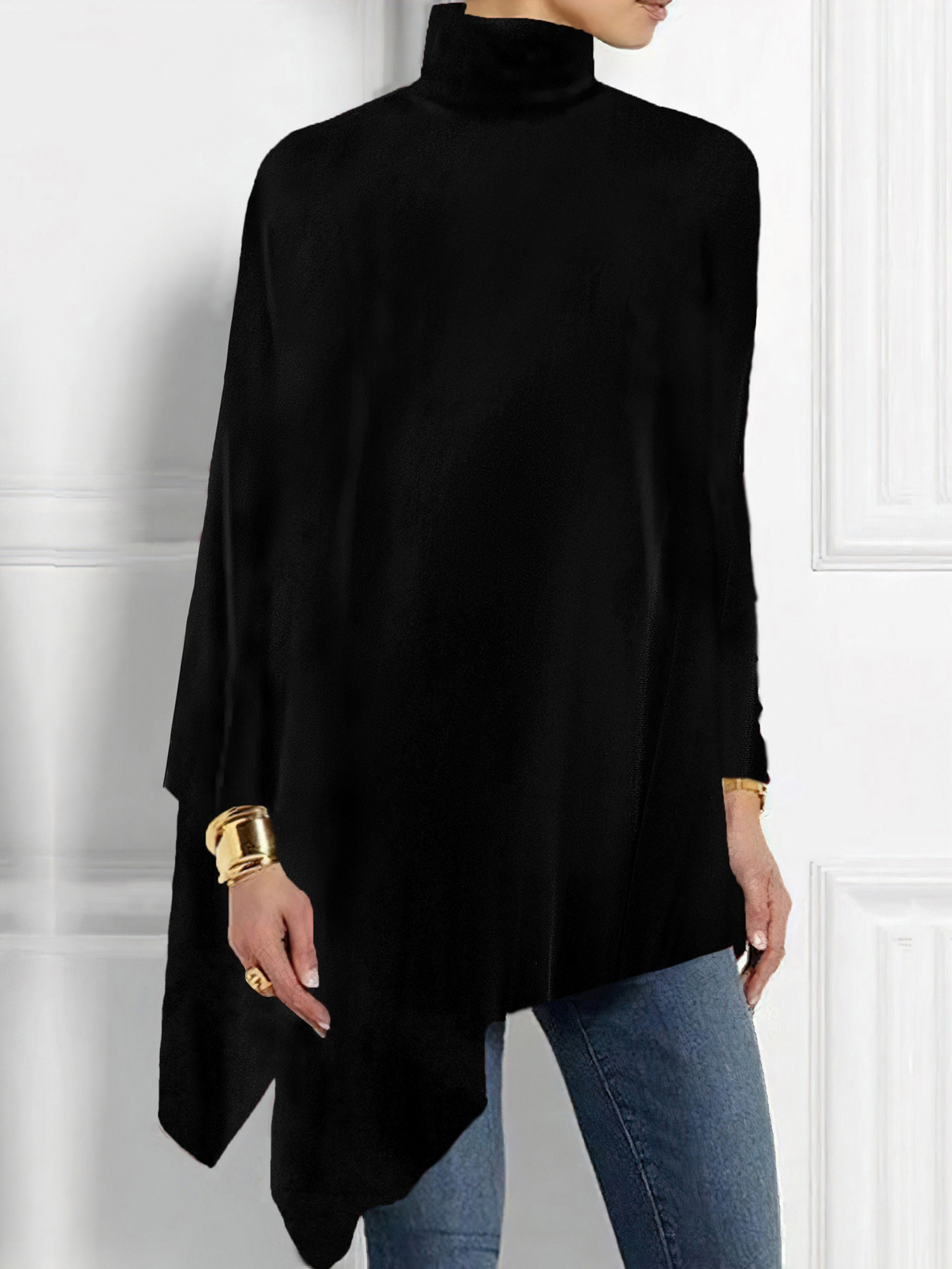 Turtleneck Velvet Long Sleeves Irregular Hem Blouse Black/S