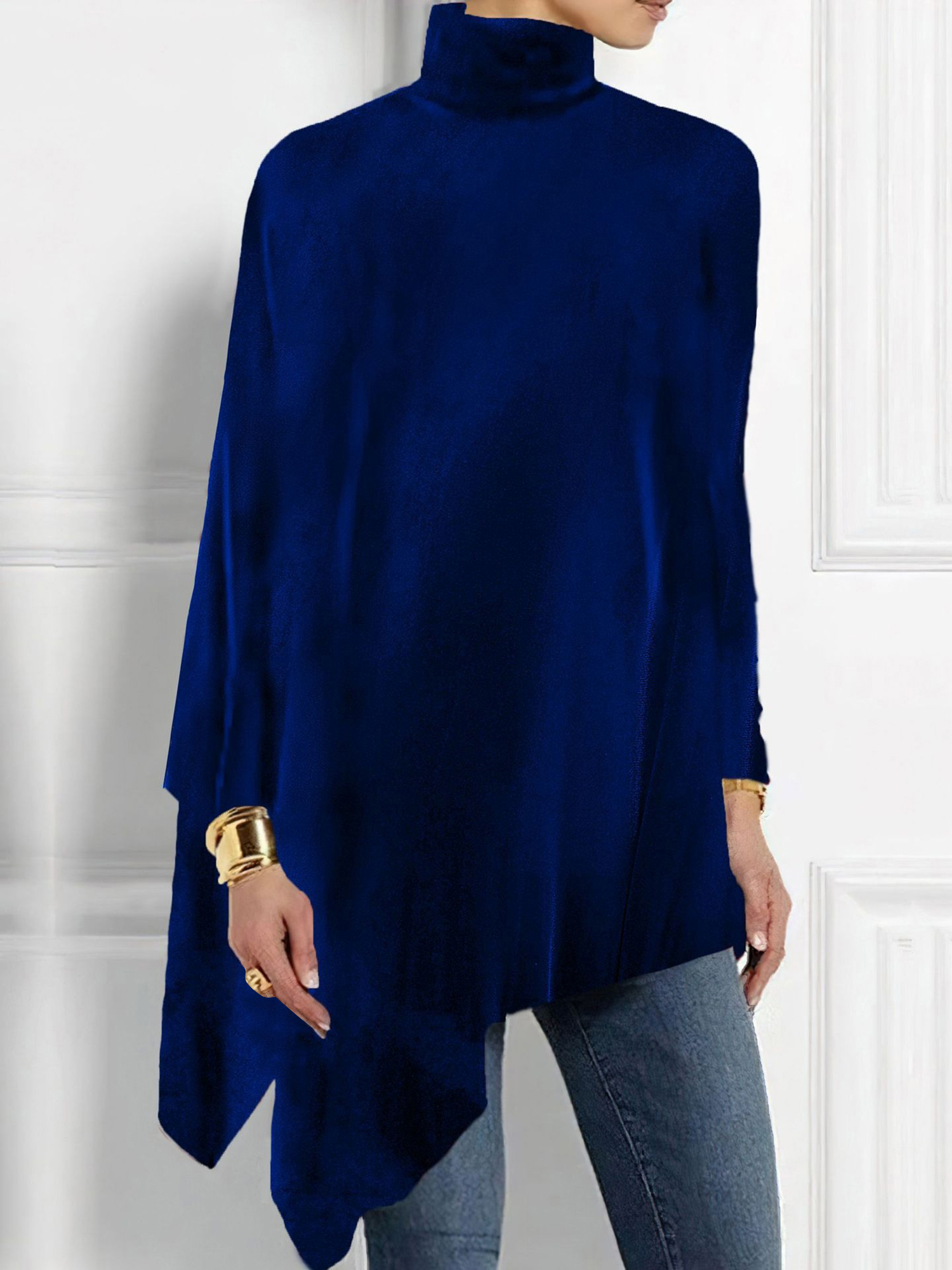 Turtleneck Velvet Long Sleeves Irregular Hem Blouse Royal Blue/XS