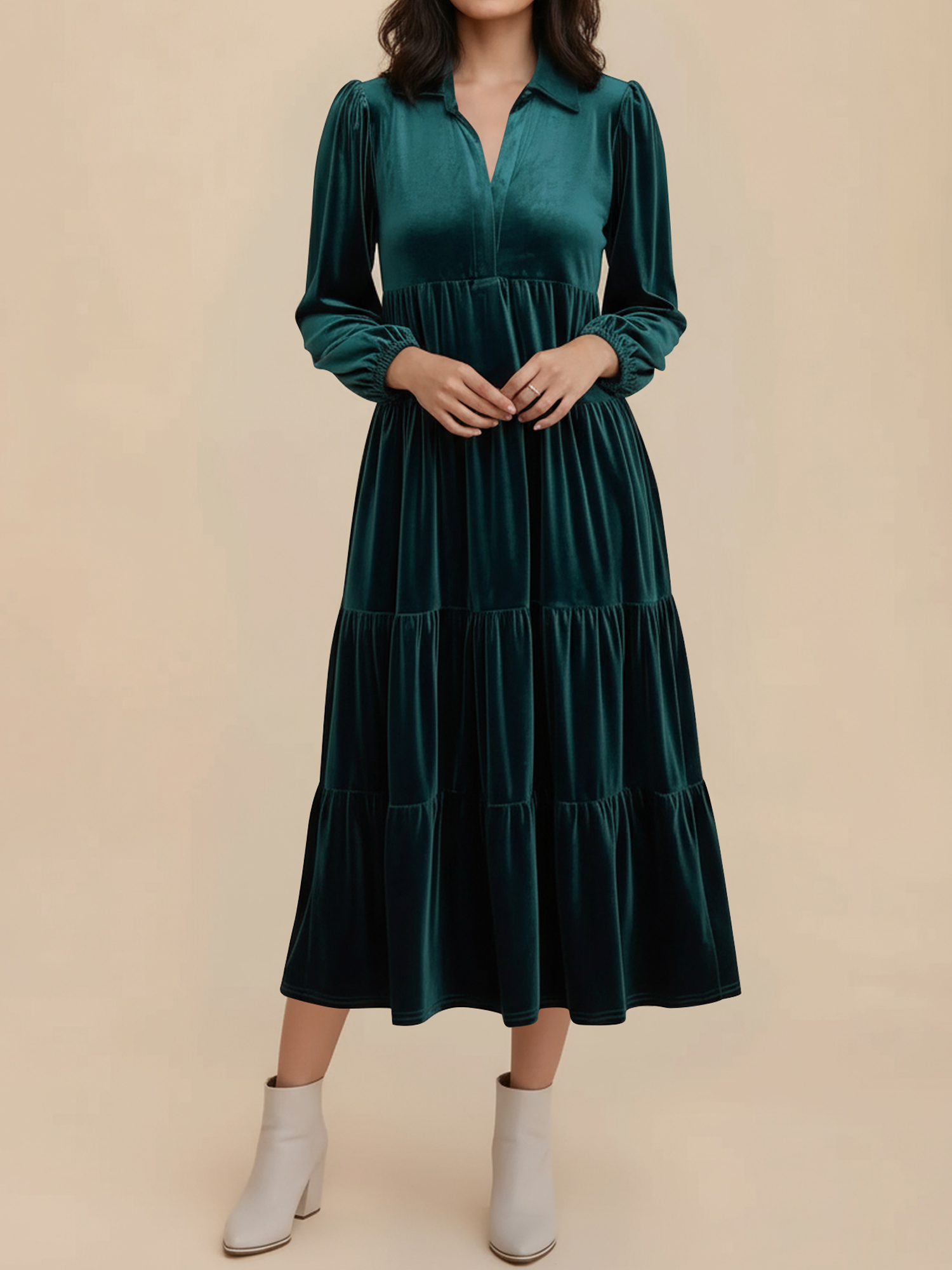 Solid Color Long Sleeve Velvet Tiered Midi Dress Dark Green/XL