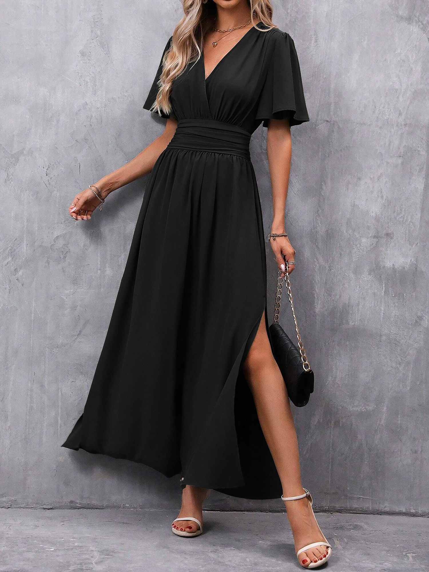 V Neck Flare Sleeves Smocked Slit Maxi Dress Black/S