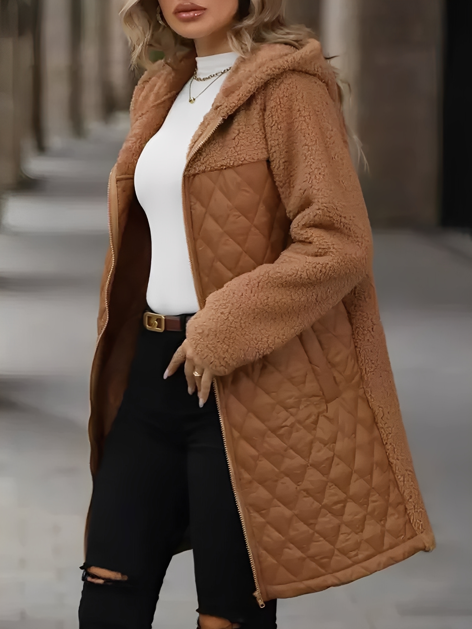 Hooded Zipper Long Sleeves Fleece Patchwork Quited Coat Brown/XL