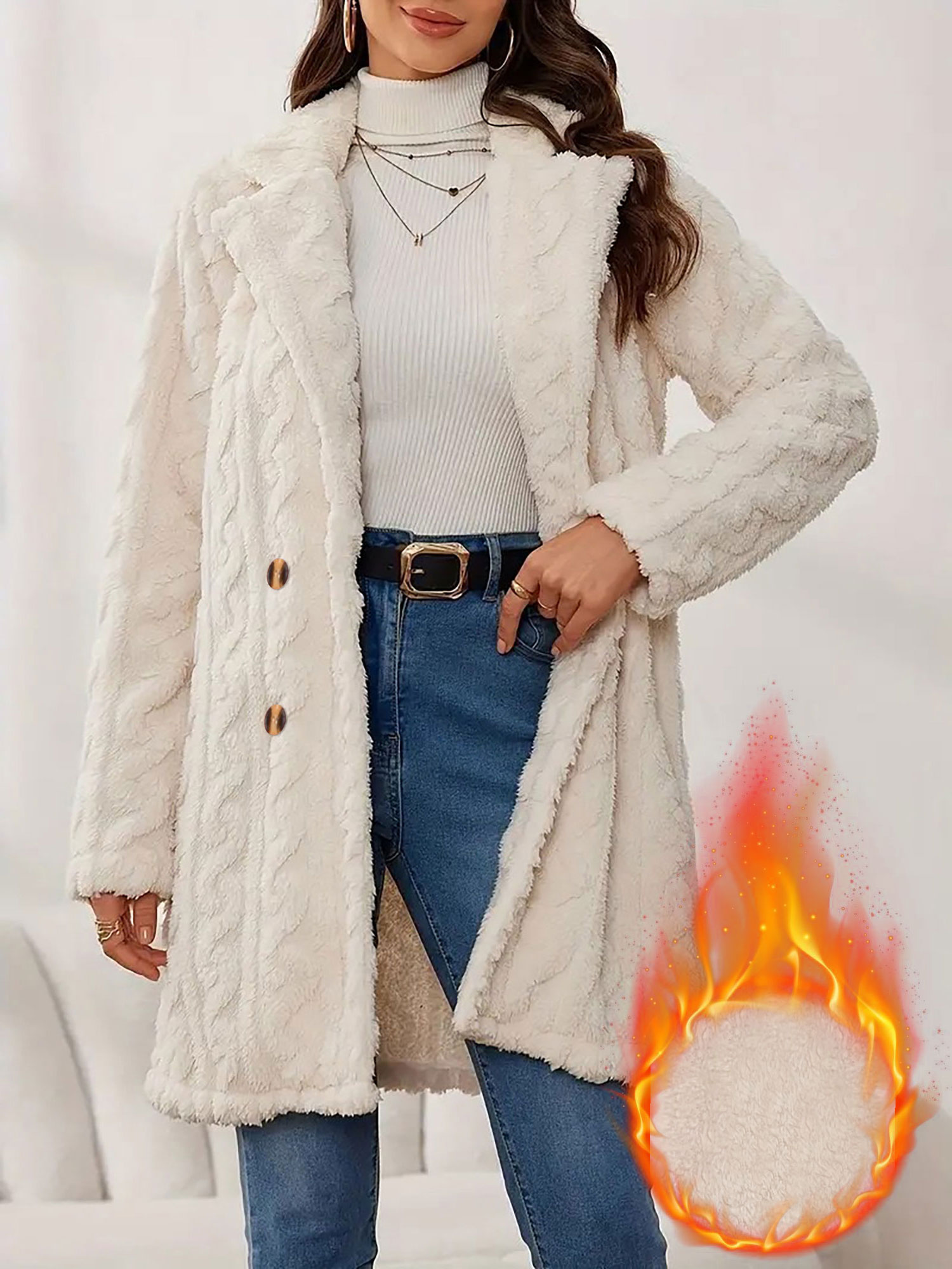 Notched Lapel Double-Breasted Mid-Length Faux Fur Jacket Apricot/L