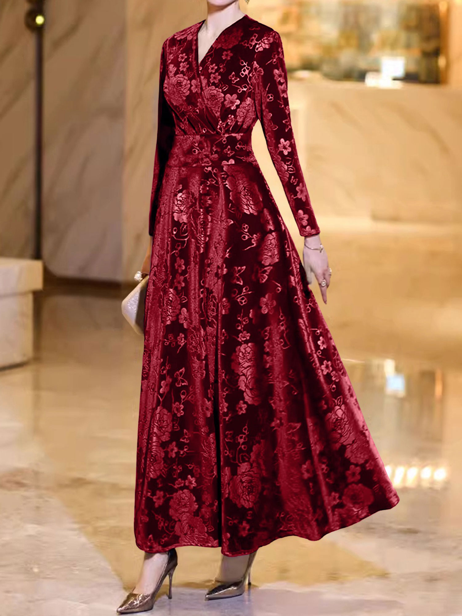 Velvet Floral Textured V Neck Long Sleeves Maxi Dress Burgundy/L