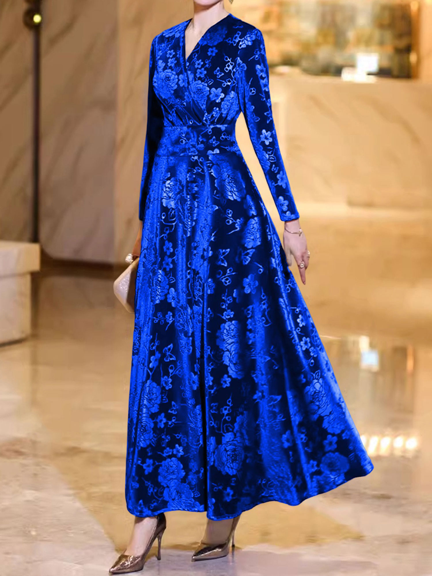 Velvet Floral Textured V Neck Long Sleeves Maxi Dress Royal Blue/M