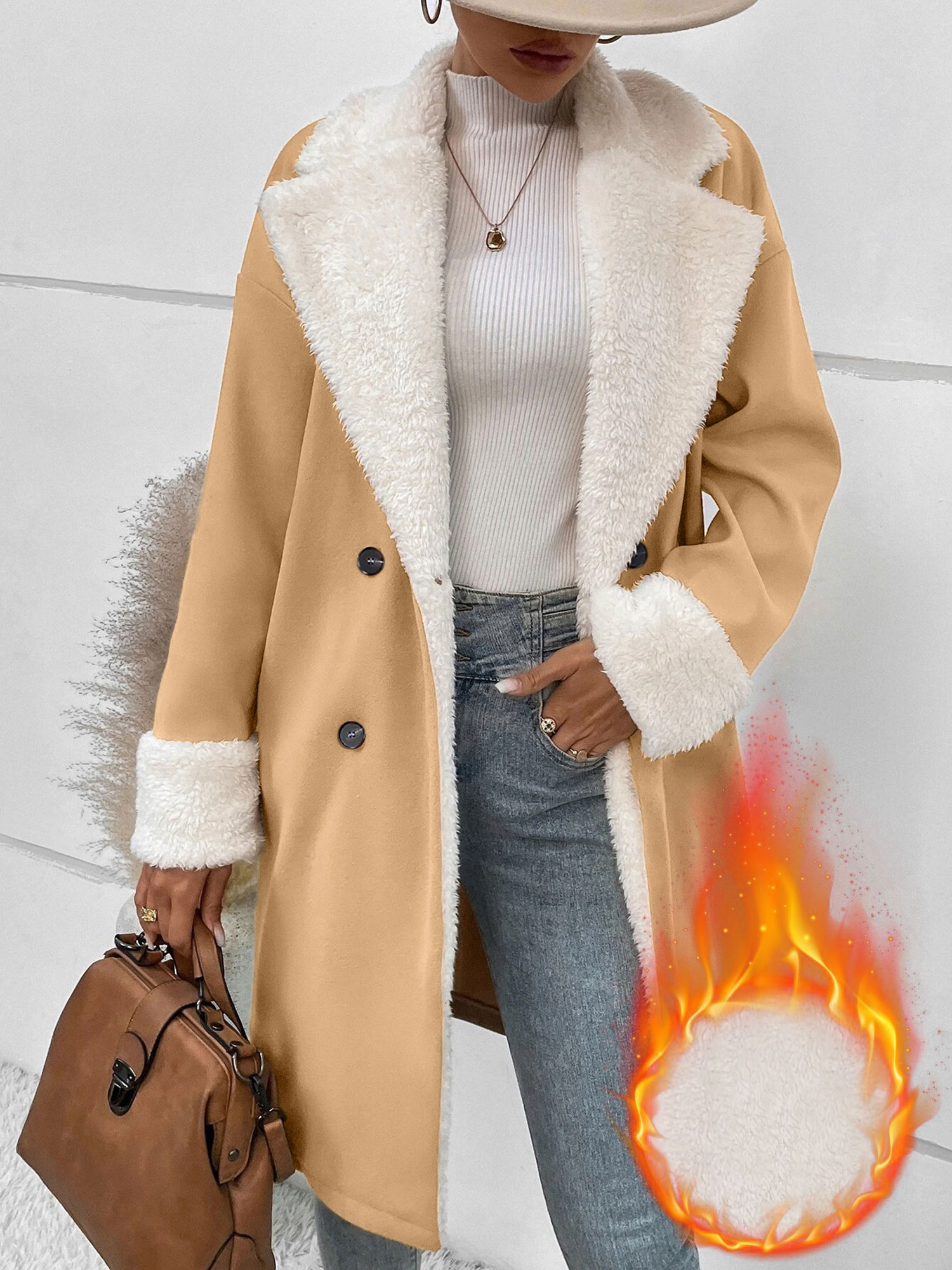 Fleece-Lined Notched Lapel Mid-Length Coat Khaki/L