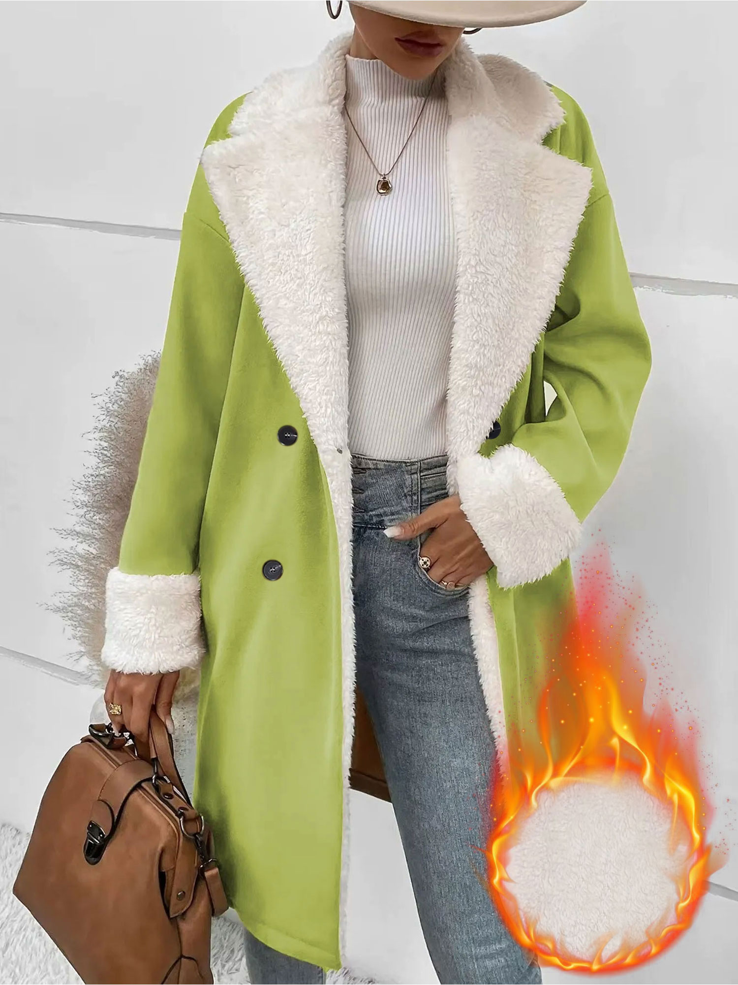 Fleece-Lined Notched Lapel Mid-Length Coat Green/XL