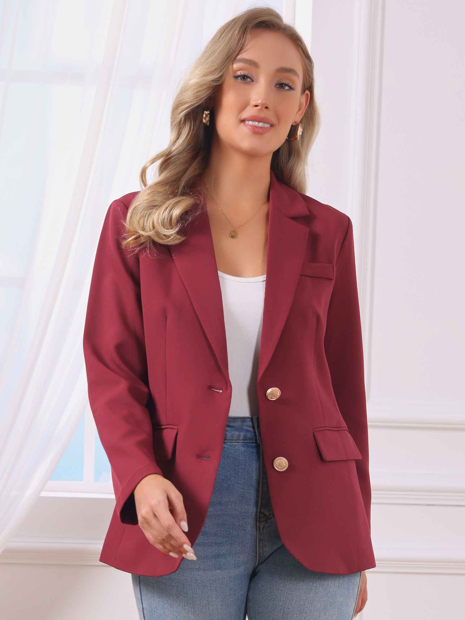 Notched Lapel Long Sleeve Single Breasted Work Blazer Wine Red/M