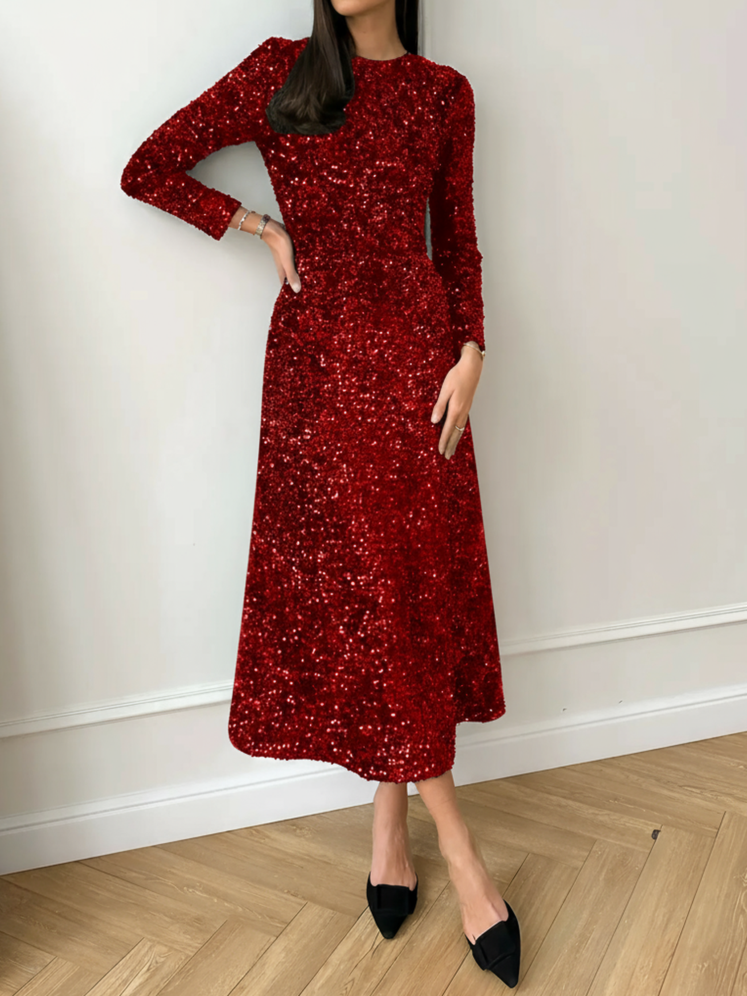 Velvet Sequin Crew Neck Long Sleeves A-Line Midi Dress Red/XL