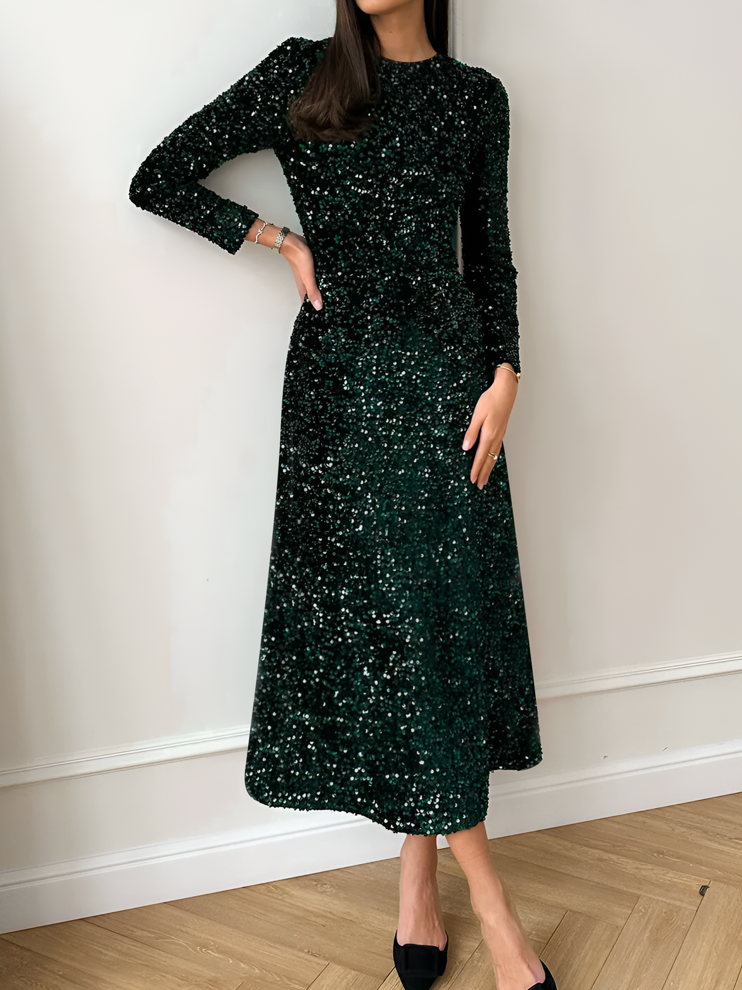 Velvet Sequin Crew Neck Long Sleeves A-Line Midi Dress Green/L