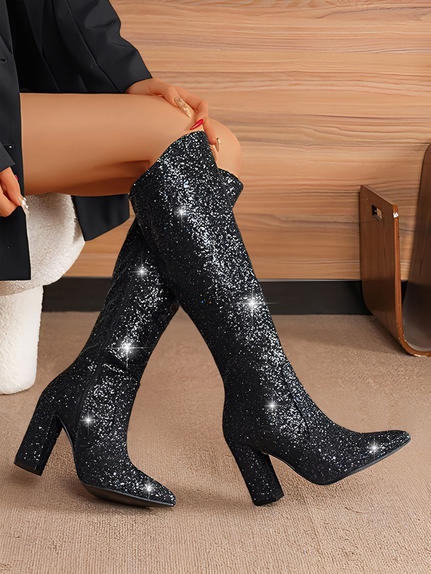 Glitter Sequined Chunky Heels Round Toe Knee High Boots Black/5.5